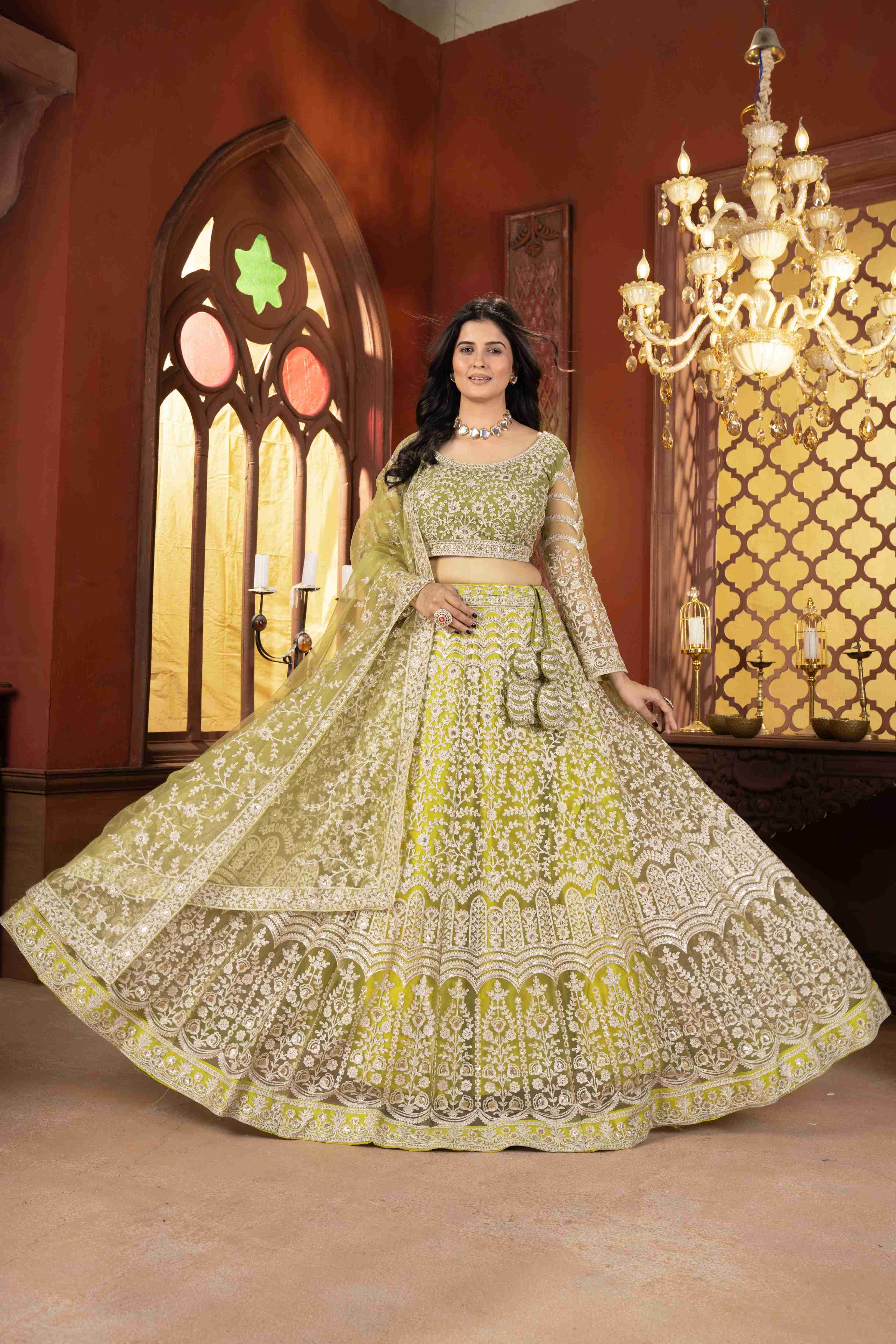 Mesmerizing Olive Green Net Mehndi Wear Embroidered Designer Lehnga Choli With Dupatta