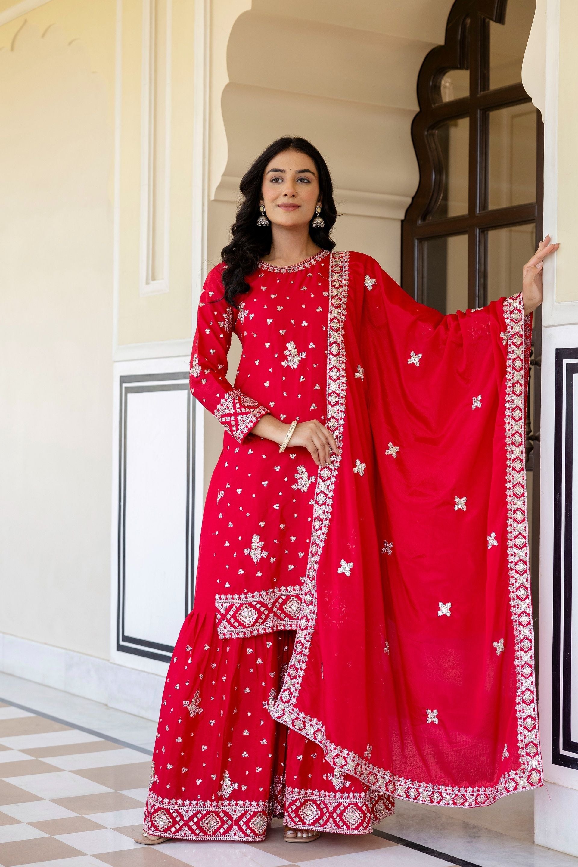 Vibrant Red Chinon Embroidery Sequence Wedding Wear Sharara Suit With Dupatta