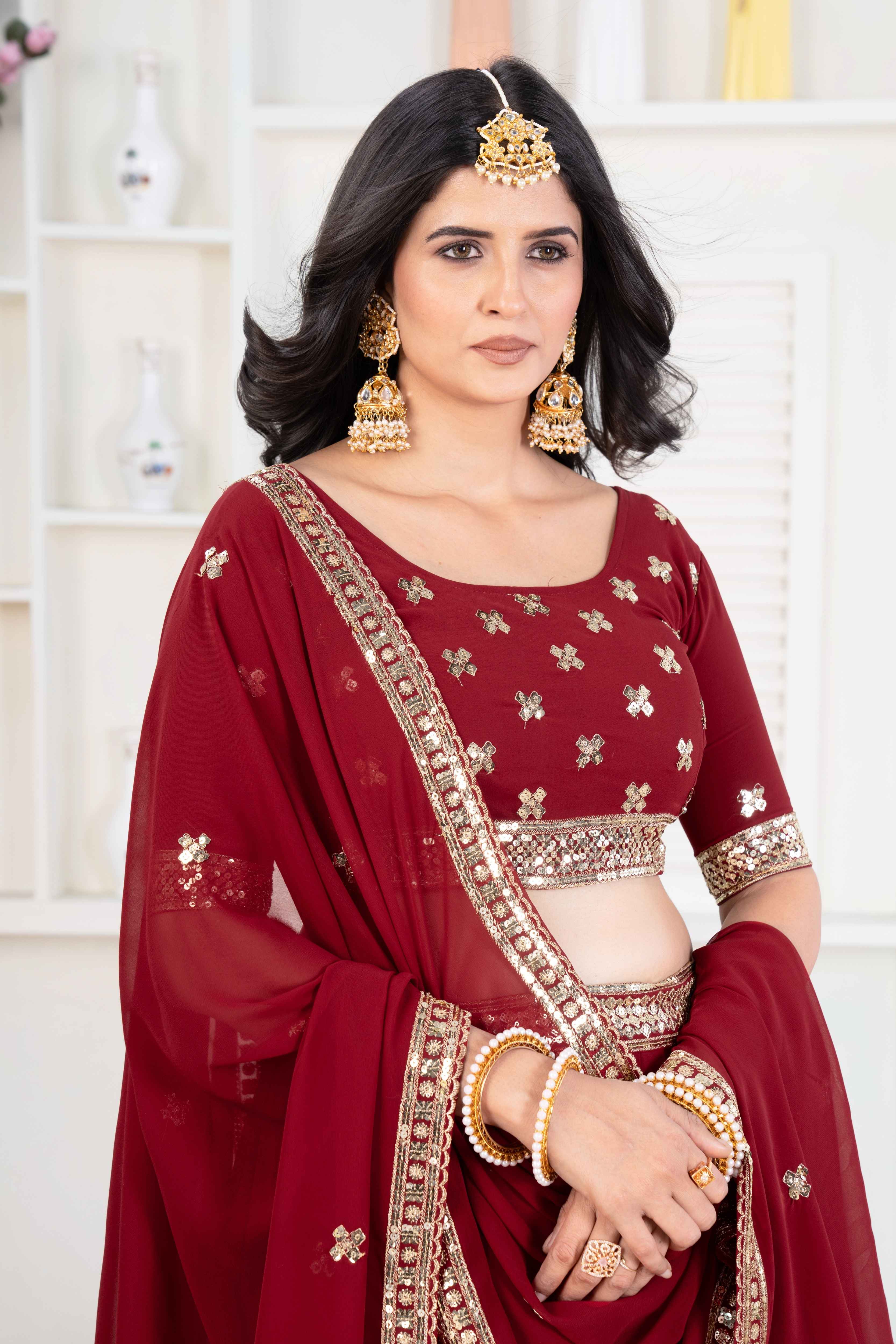 Enchanting Maroon Gold Sequence Work Embroidery Designer Lehenga Choli With Dupatta