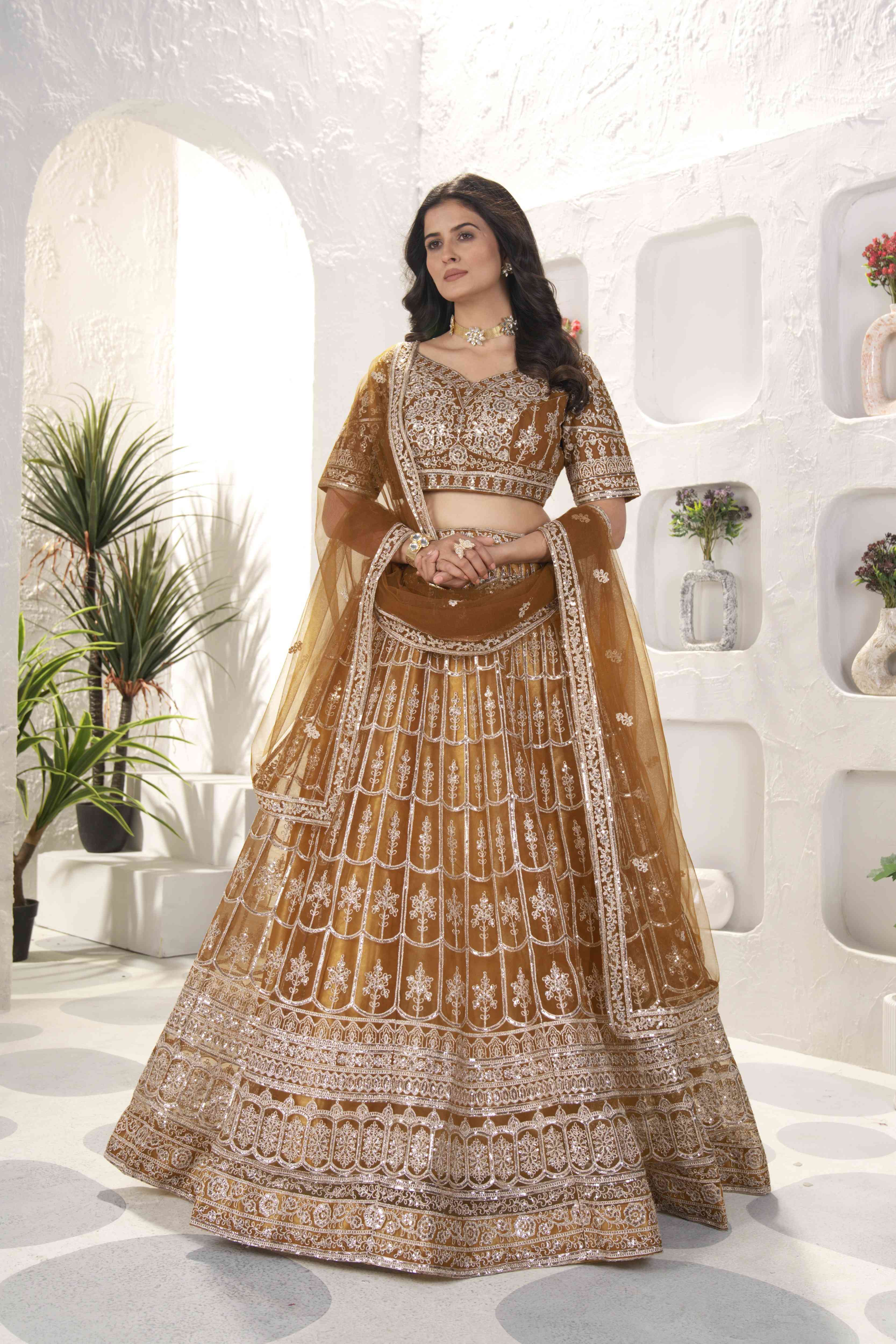 Glamour Golden Embroidery Designer Bridal Wear Sequence Worked Net Lehenga Set