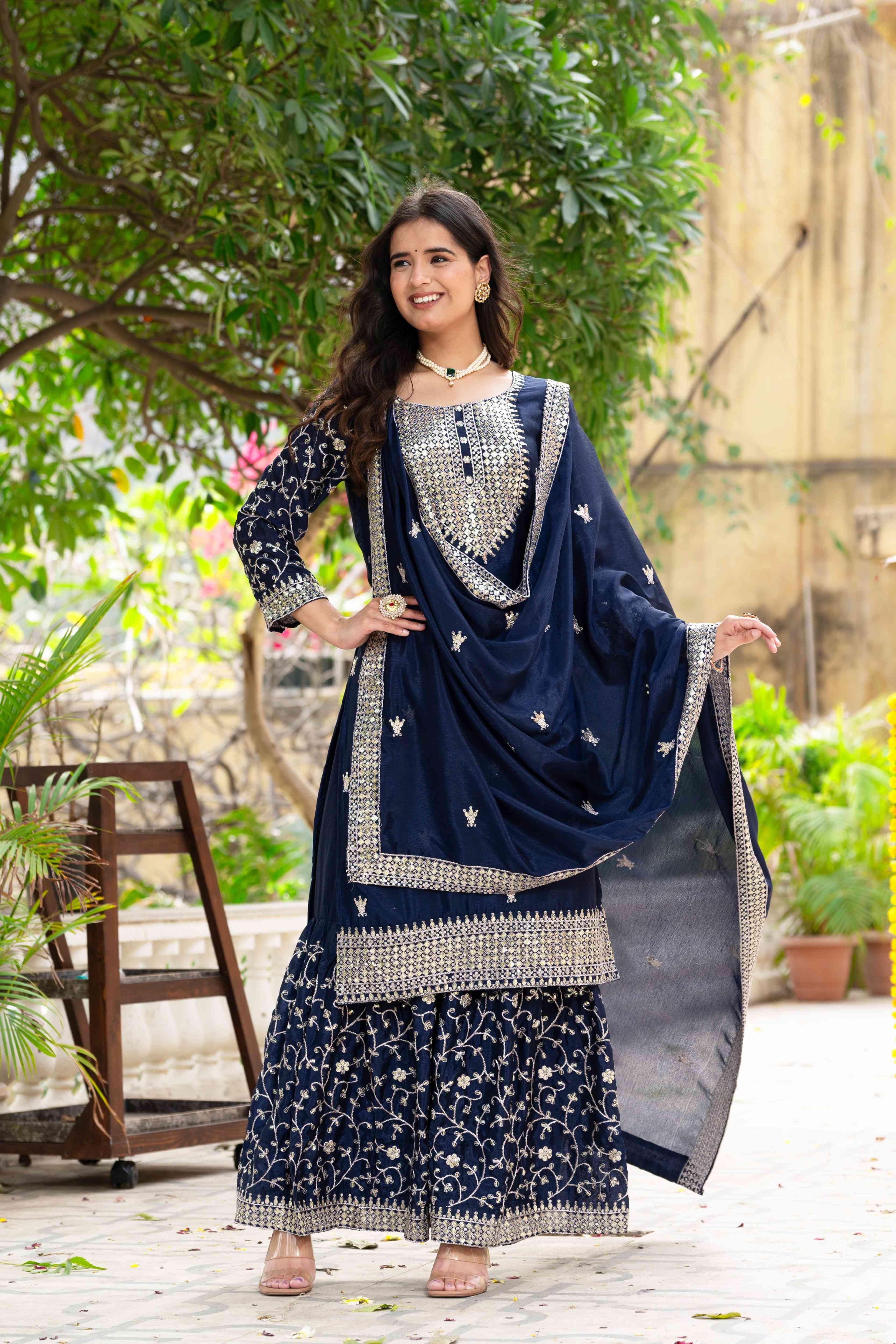 Enchanting Navy Blue Chinon Sequence Embroidery Wedding Wear Sharara Suit With Dupatta