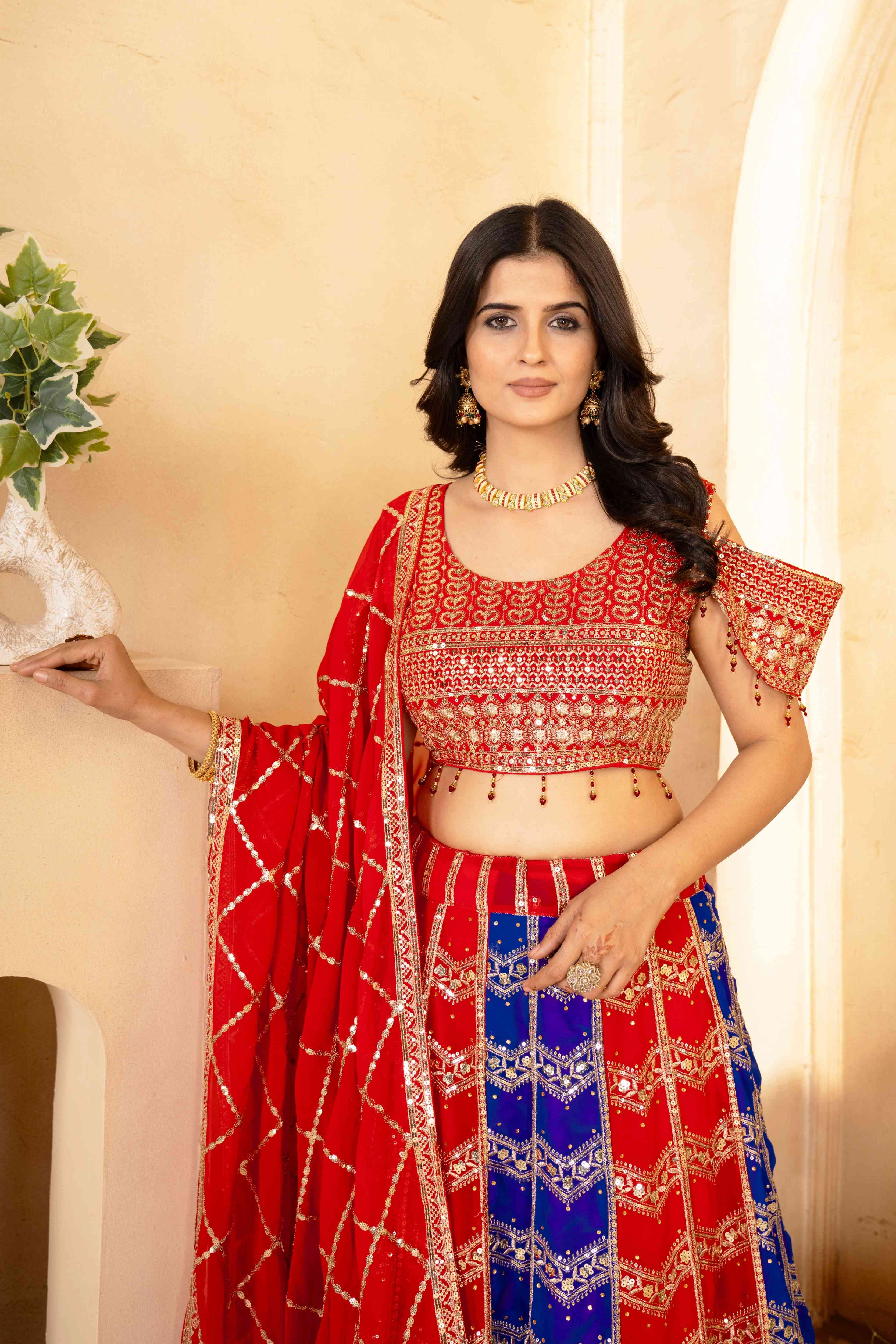 Beautiful Red-Blue Wedding Wear Embroidery Design Sequence Worked Lehenga set