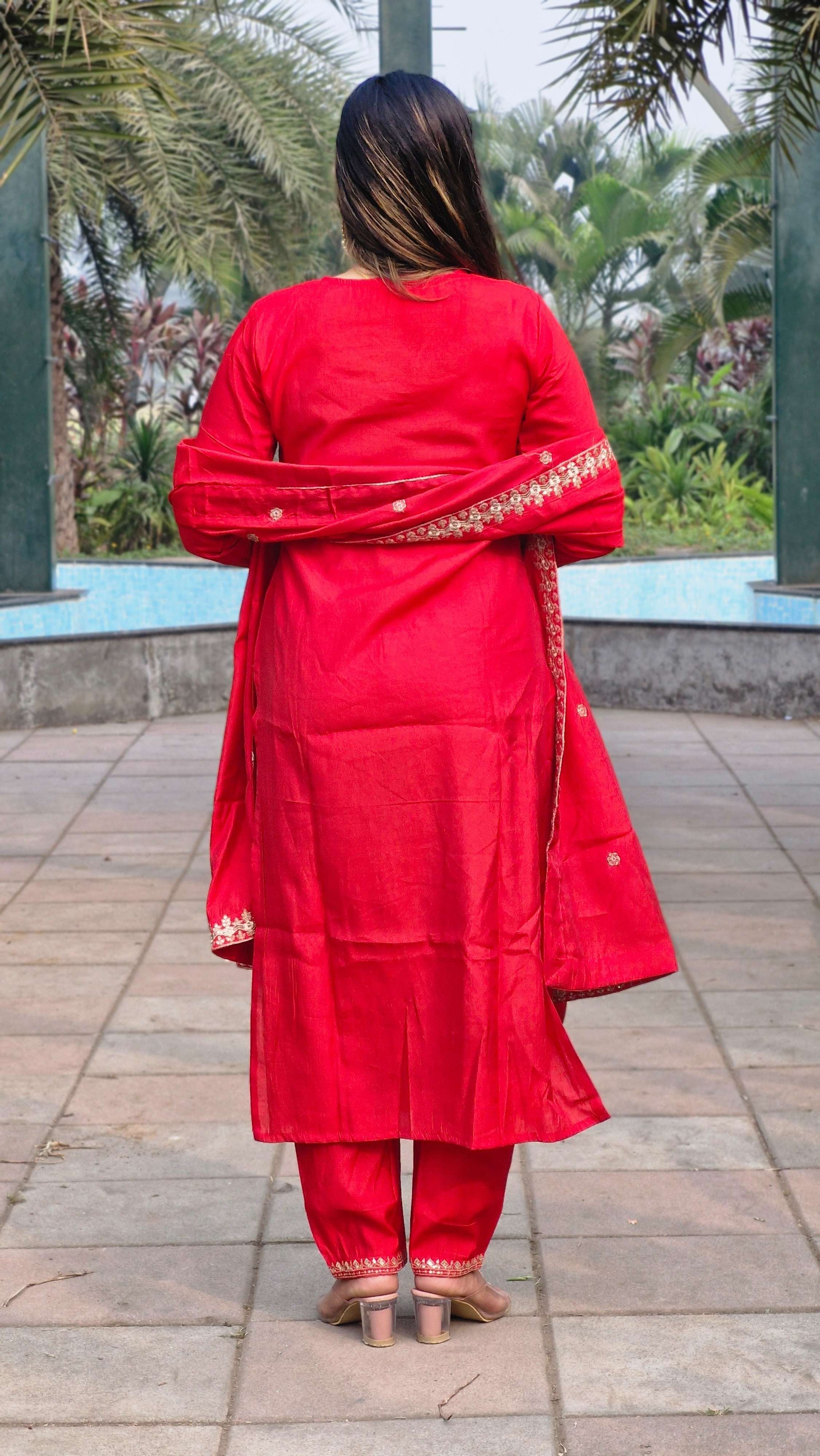 Vibrant Red Roman Silk Embroidery Sequence Party Wear Salwar Suit With Dupatta