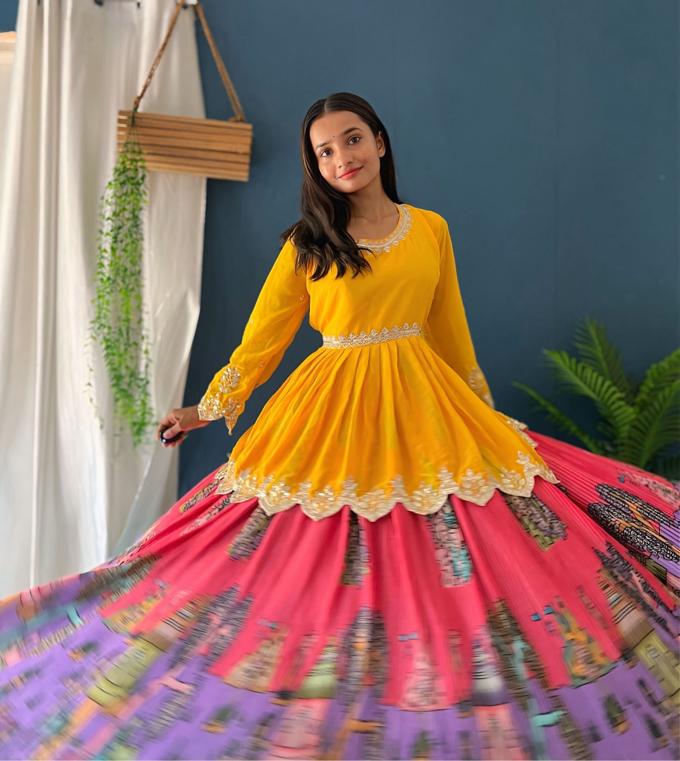 Impressive yellow And Multicolor Digital Printed Crease Pattern Lehenga Set