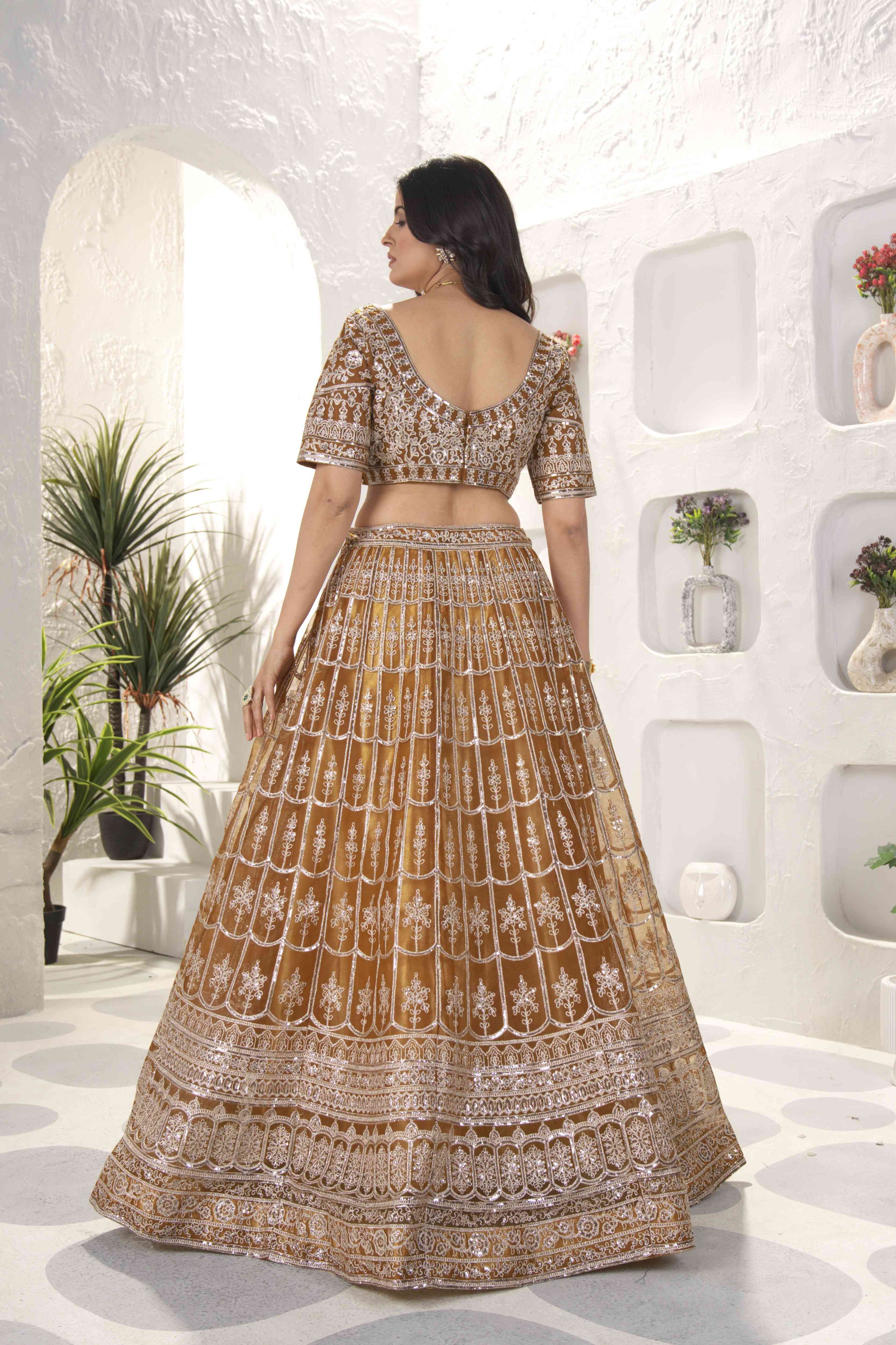 Glamour Golden Embroidery Designer Bridal Wear Sequence Worked Net Lehenga Set