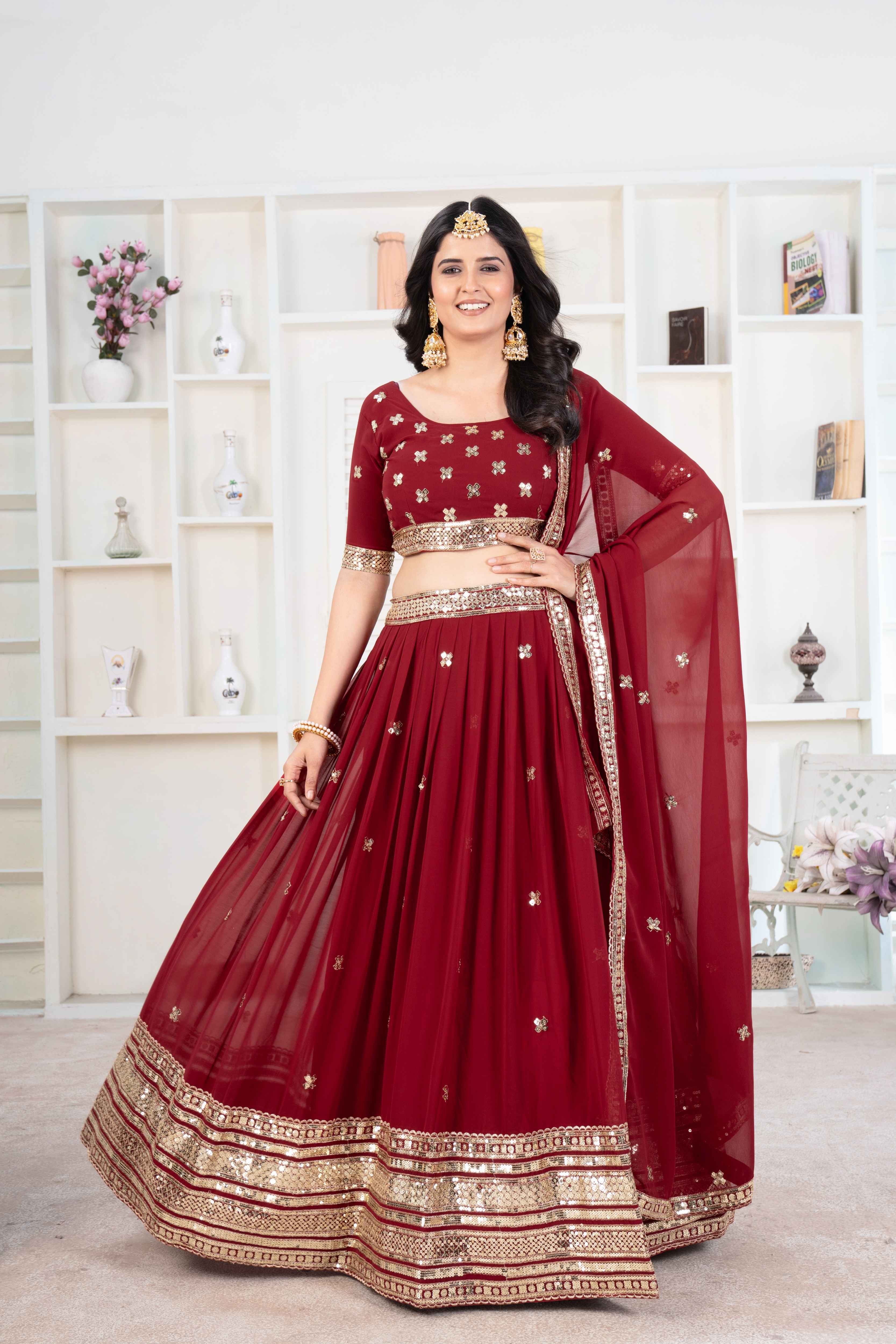 Enchanting Maroon Gold Sequence Work Embroidery Designer Lehenga Choli With Dupatta