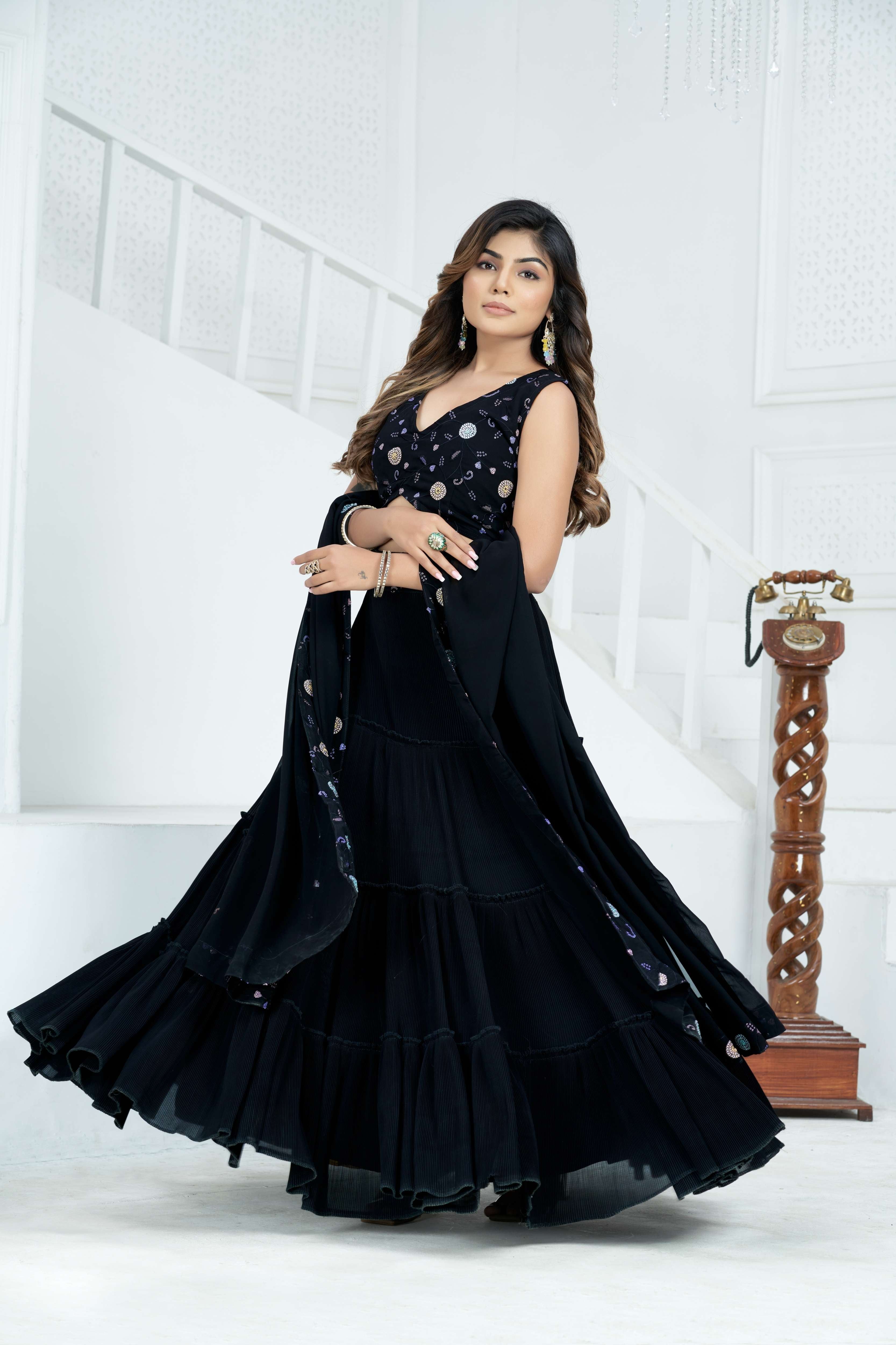 Elevate  Black Zikzak Patterned Embroidery Sequence Ethnic Wear Lehenga Set