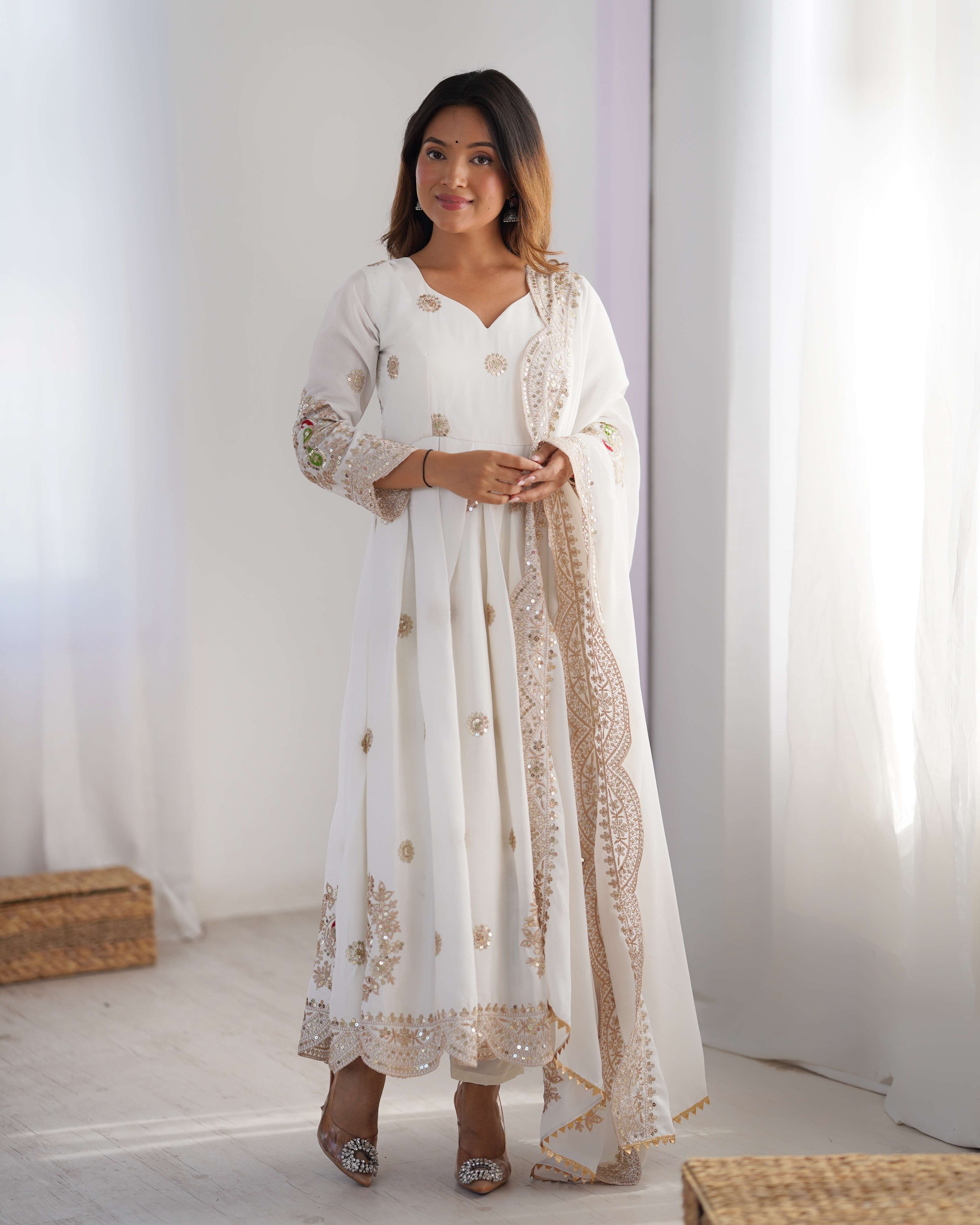 Spectacular White Sequence Designer Chinon Anarkali Suit With Dupatta