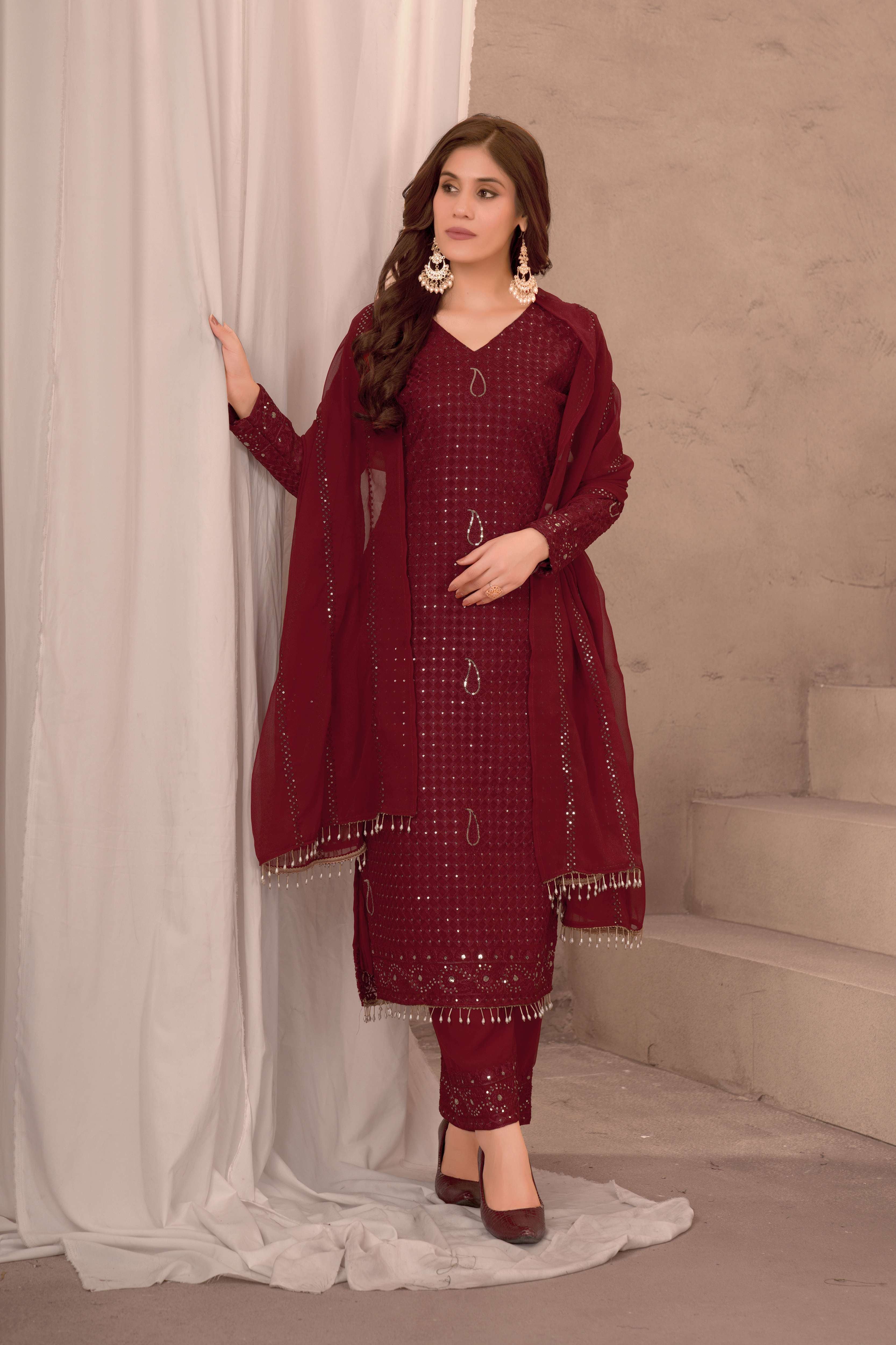 Elegant Maroon Georgette Embroidery Sequence Festive Wear Suit Pant With Dupatta