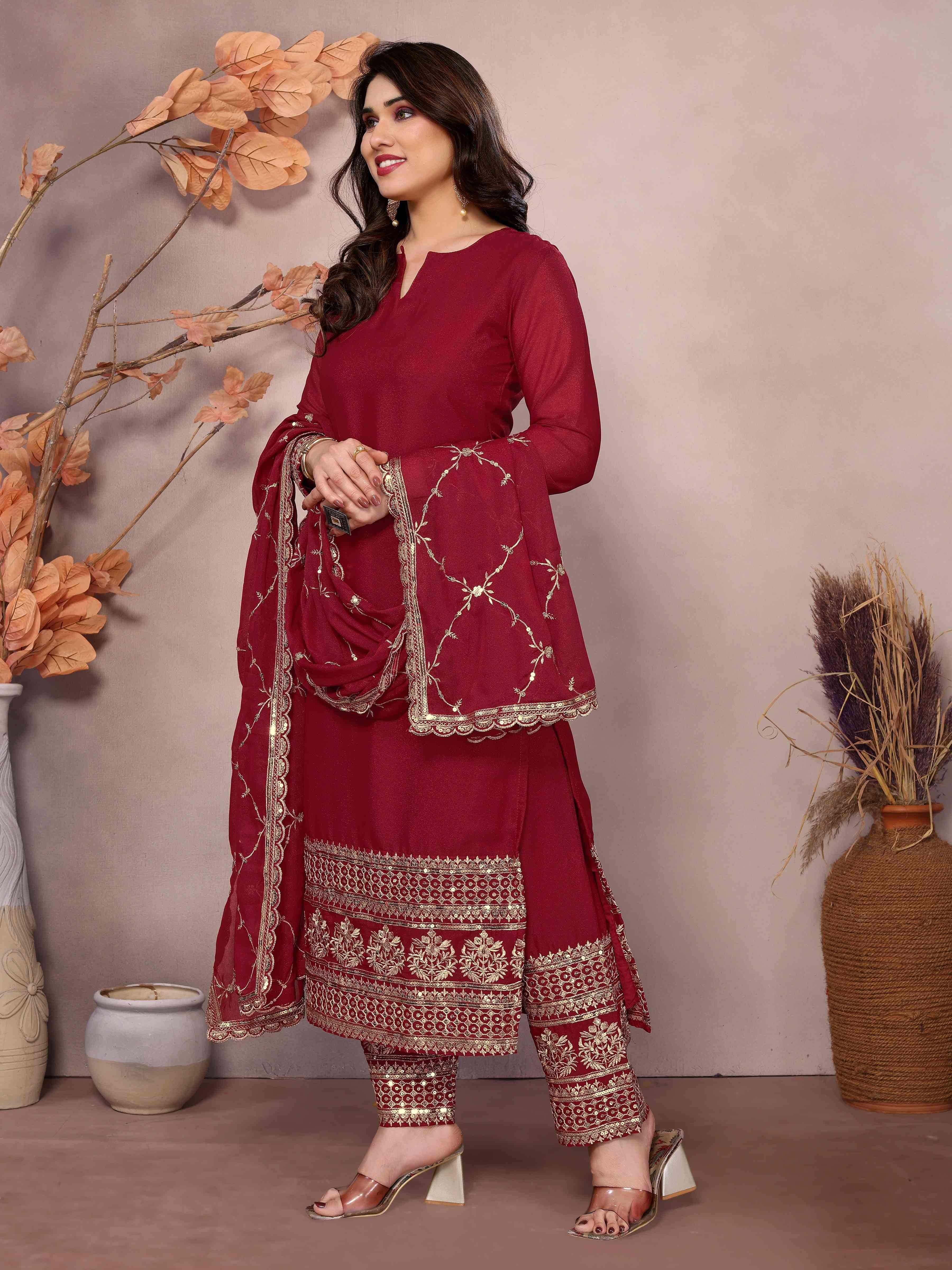 Rich Maroon Georgette Embroidery Seuqnce Designer Wedding Wear Pant Suit With Dupatta