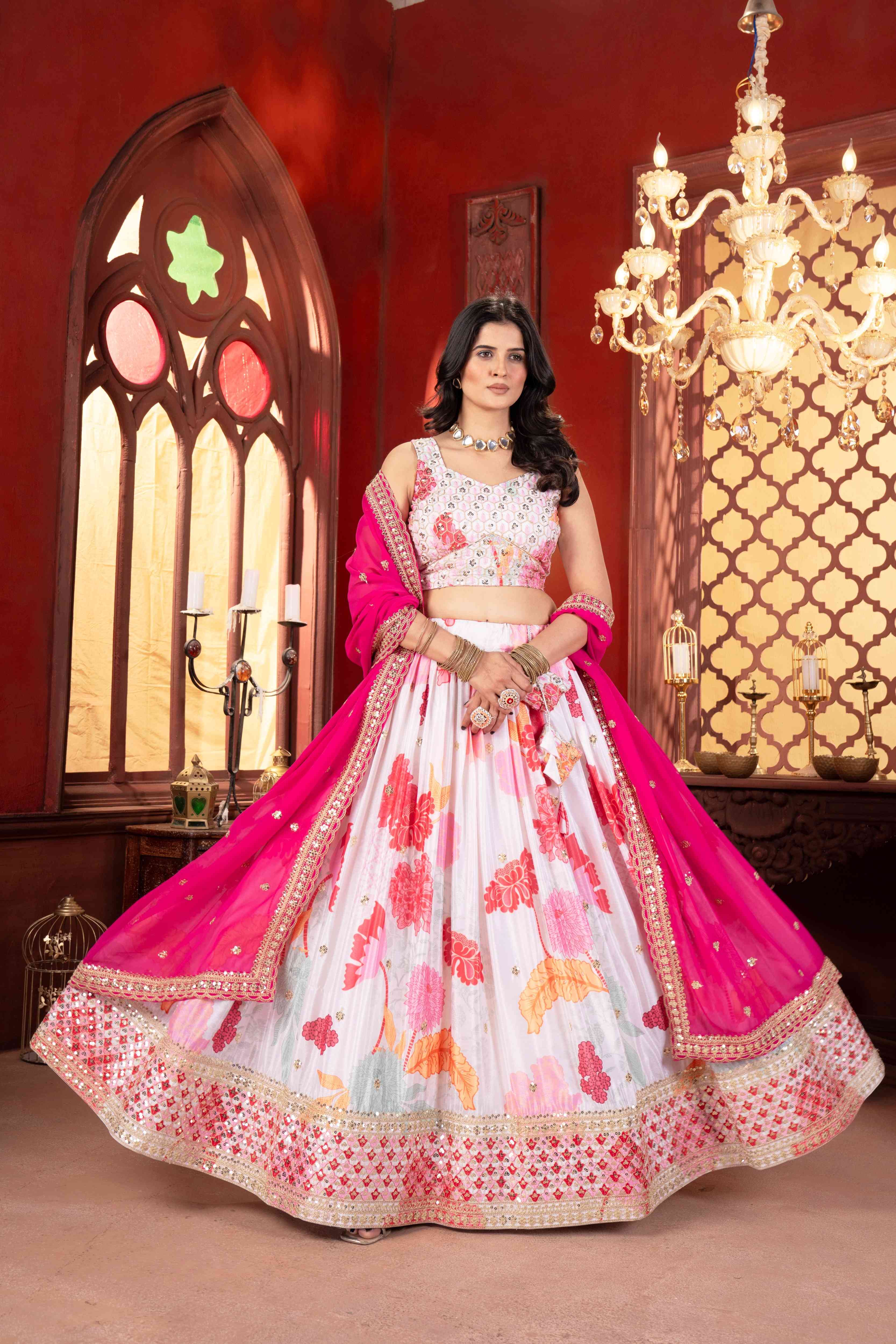Attractive White Floral Printed Embroidery Sequence Worked Sangit Wear Lehenga Choli & Dupatta