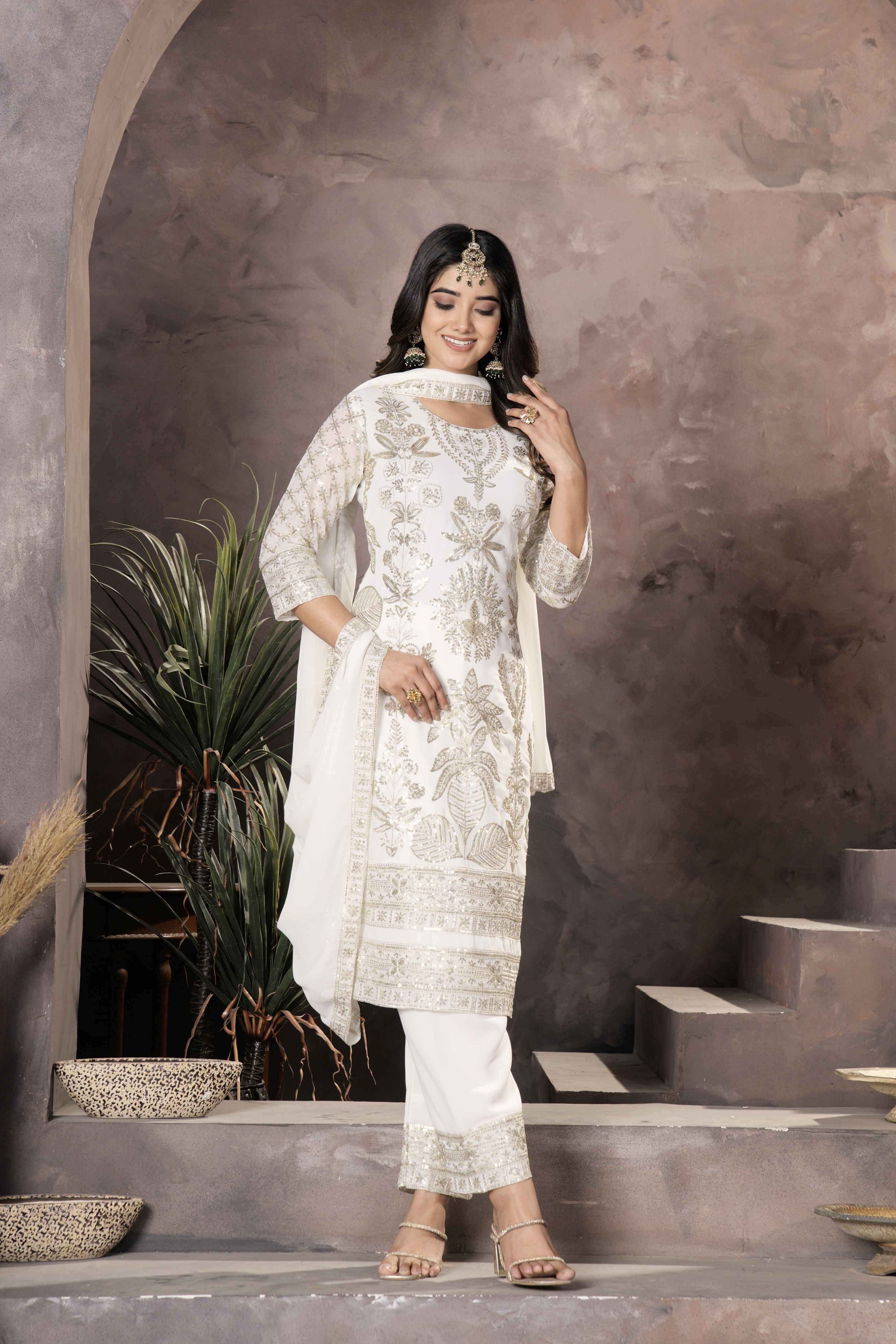 Fablous White Georgette Enbroidery Sequinc Party Wear Pant Suit With Dupatta