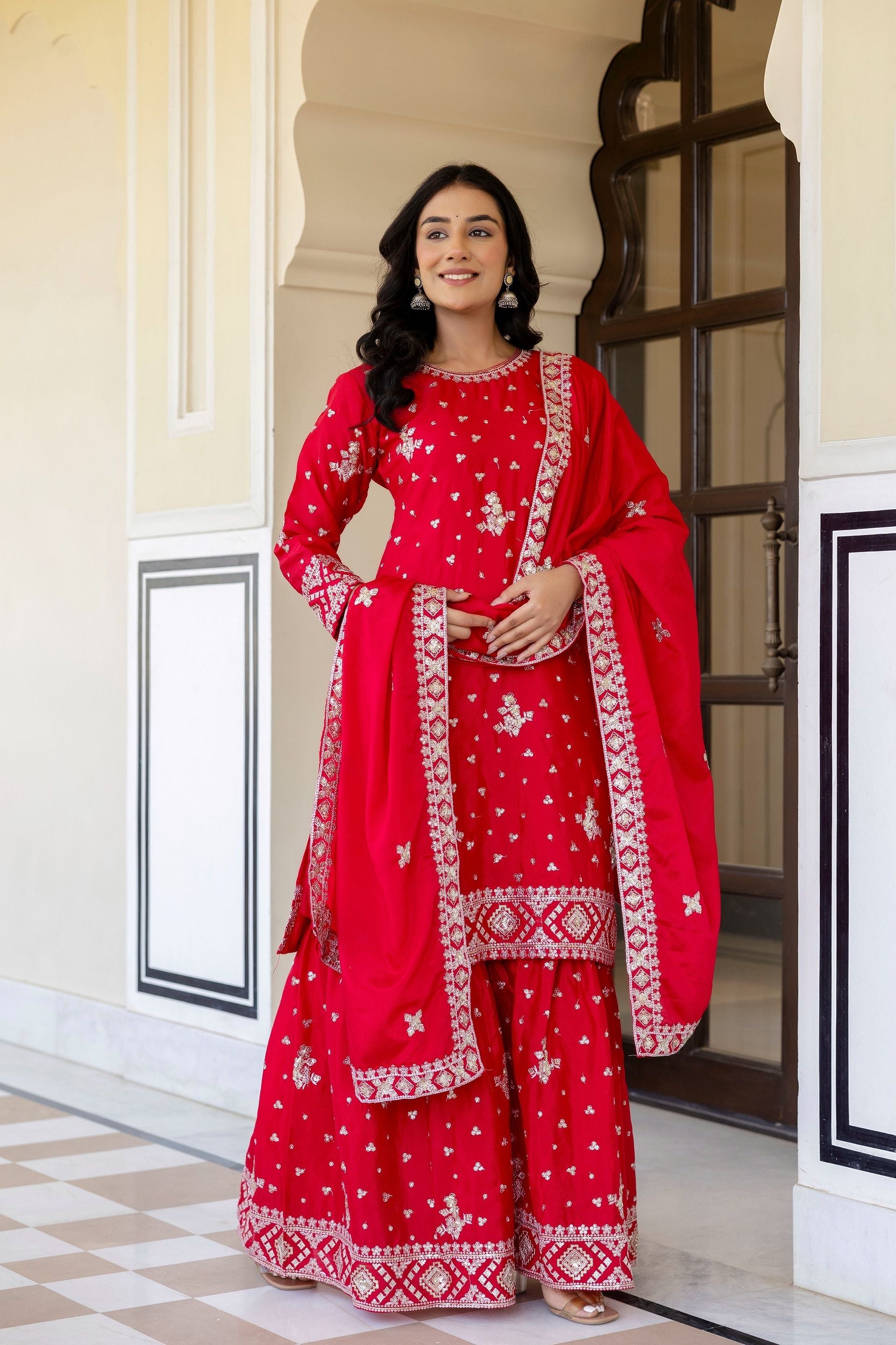 Vibrant Red Chinon Embroidery Sequence Wedding Wear Sharara Suit With Dupatta