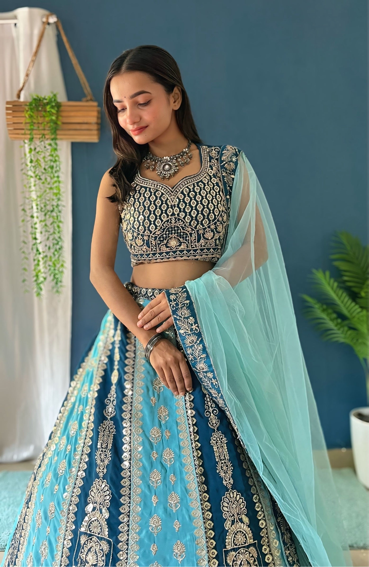 Attractive Aqua Zari Work Designer Lehenga Beautiful Patterned choli & Dupatta