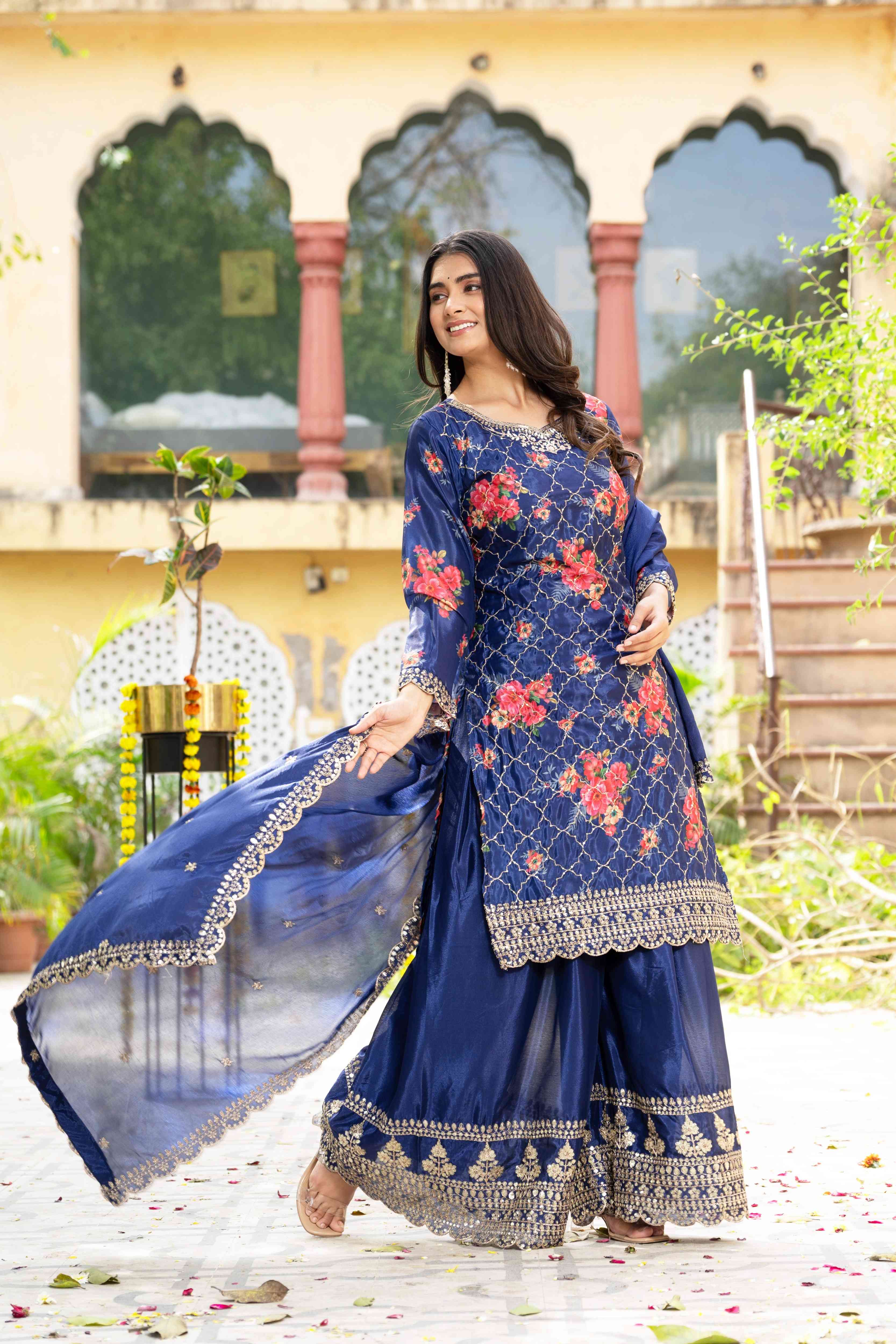 Glamorous Navy Blue Silk Digital Printed Embroidery Designer sharara Suit With Dupatta