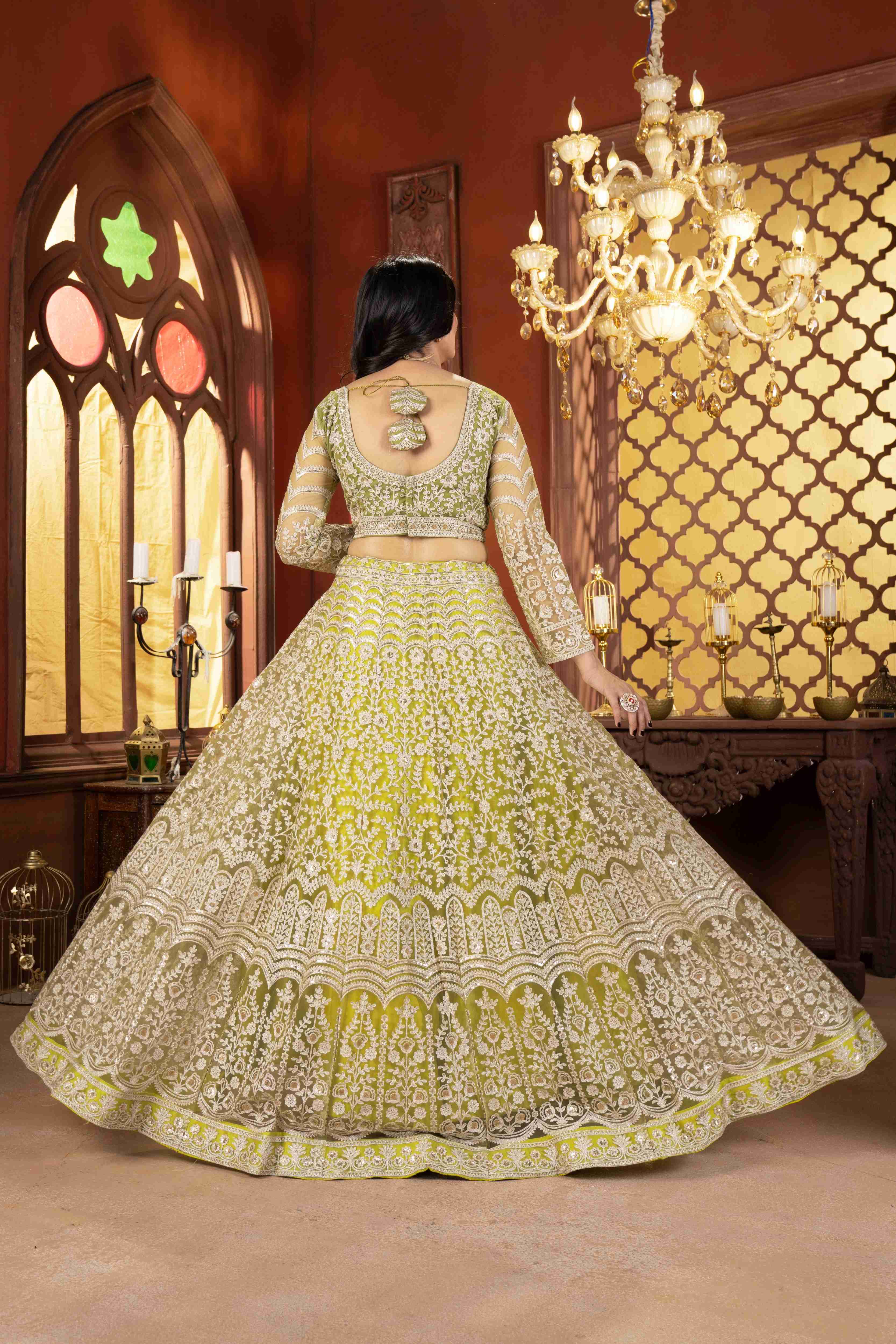 Mesmerizing Olive Green Net Mehndi Wear Embroidered Designer Lehnga Choli With Dupatta