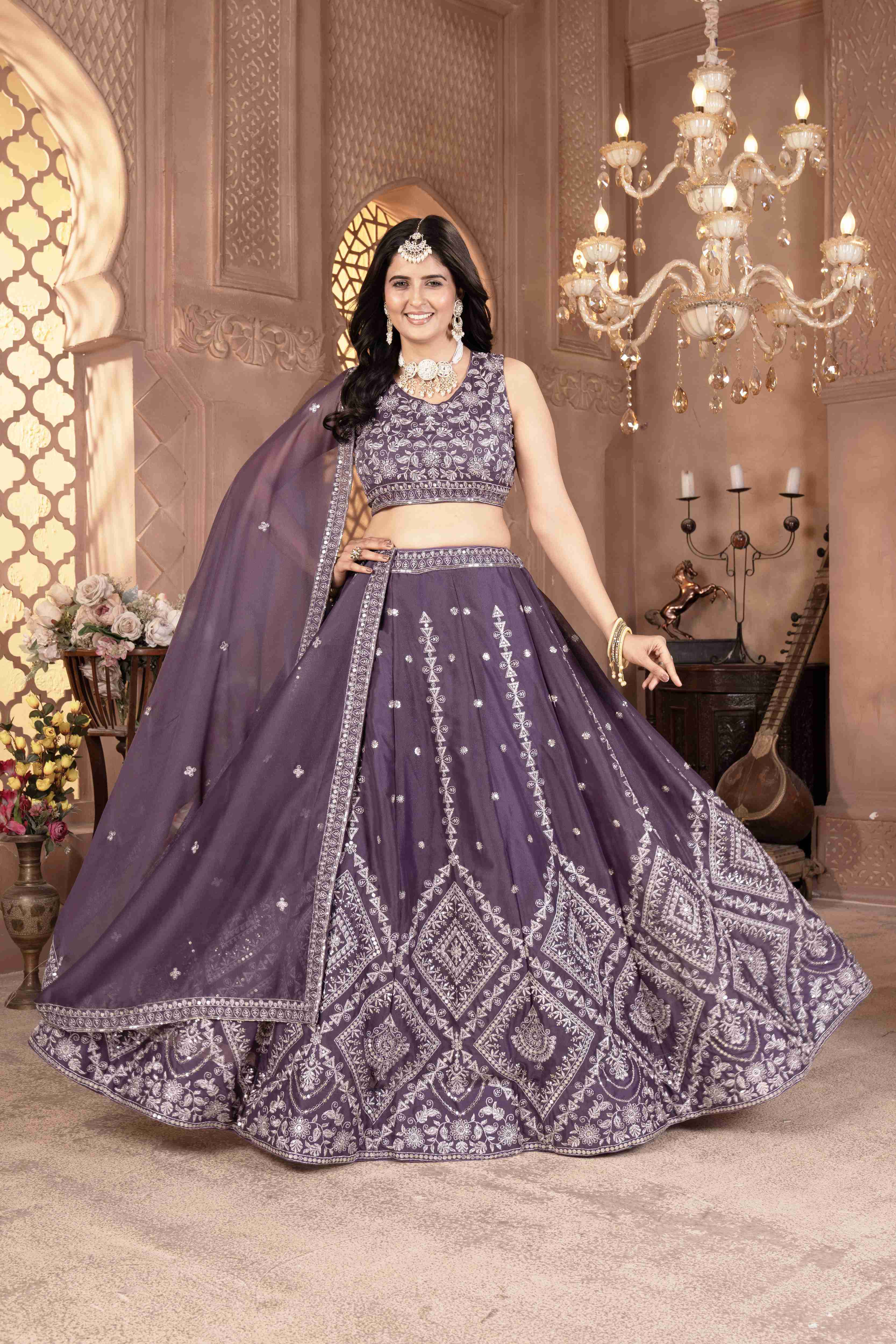 Elegant onion Embroidered Georgette Lehenga Choli with Dupatta