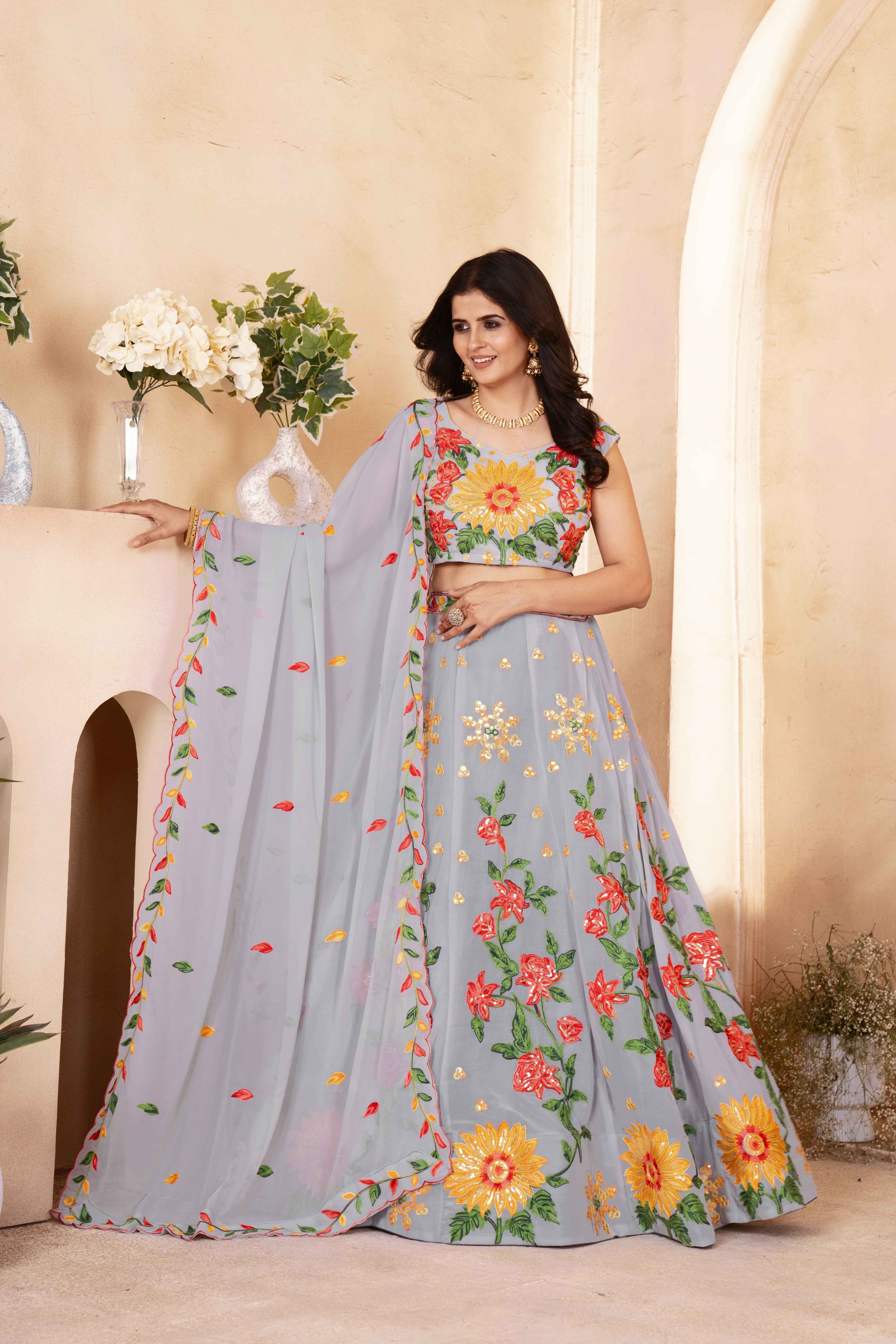 Amazing Grey Floral Embroidered  Event Wear Lehenga Choli With Dupatta