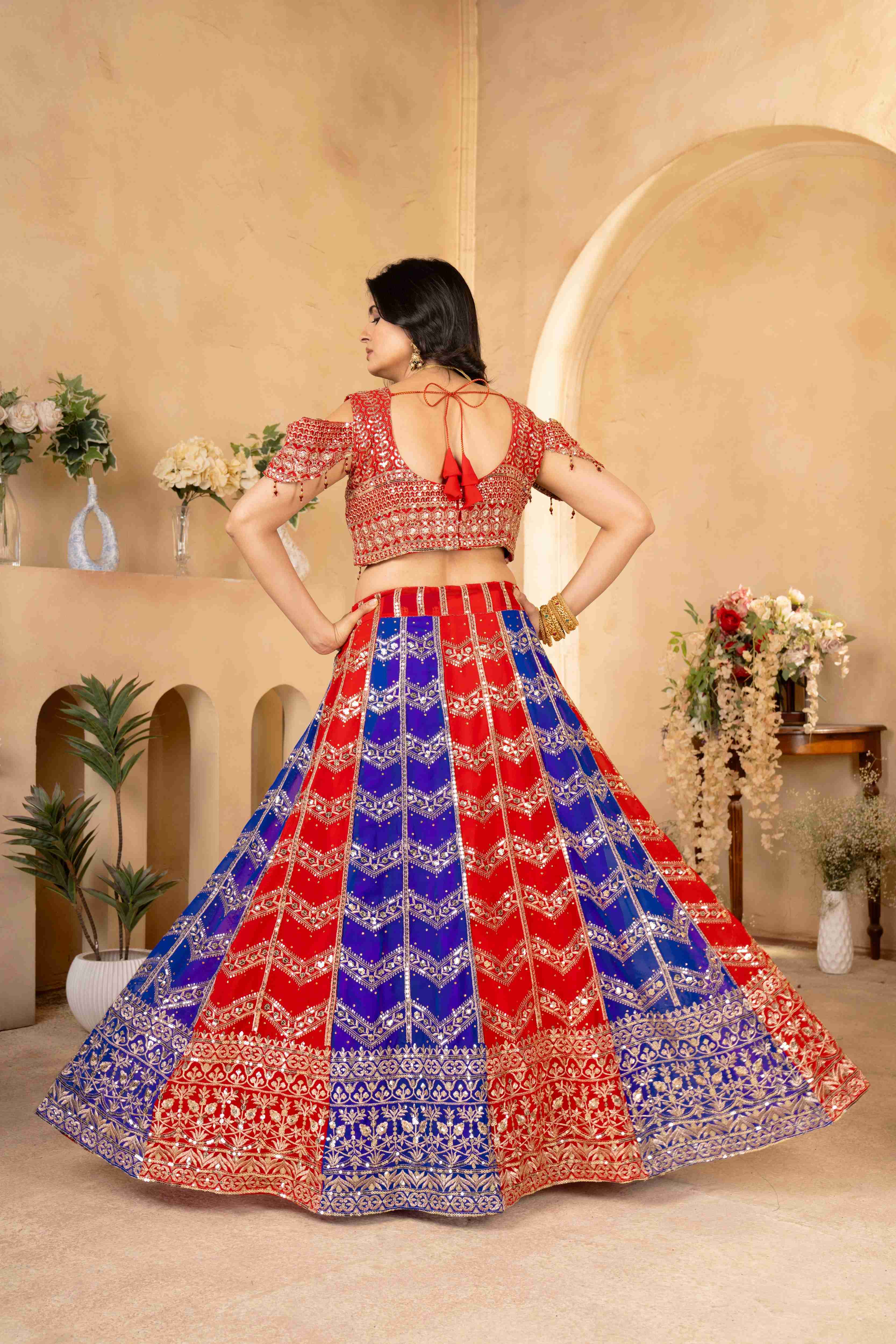 Beautiful Red-Blue Wedding Wear Embroidery Design Sequence Worked Lehenga set