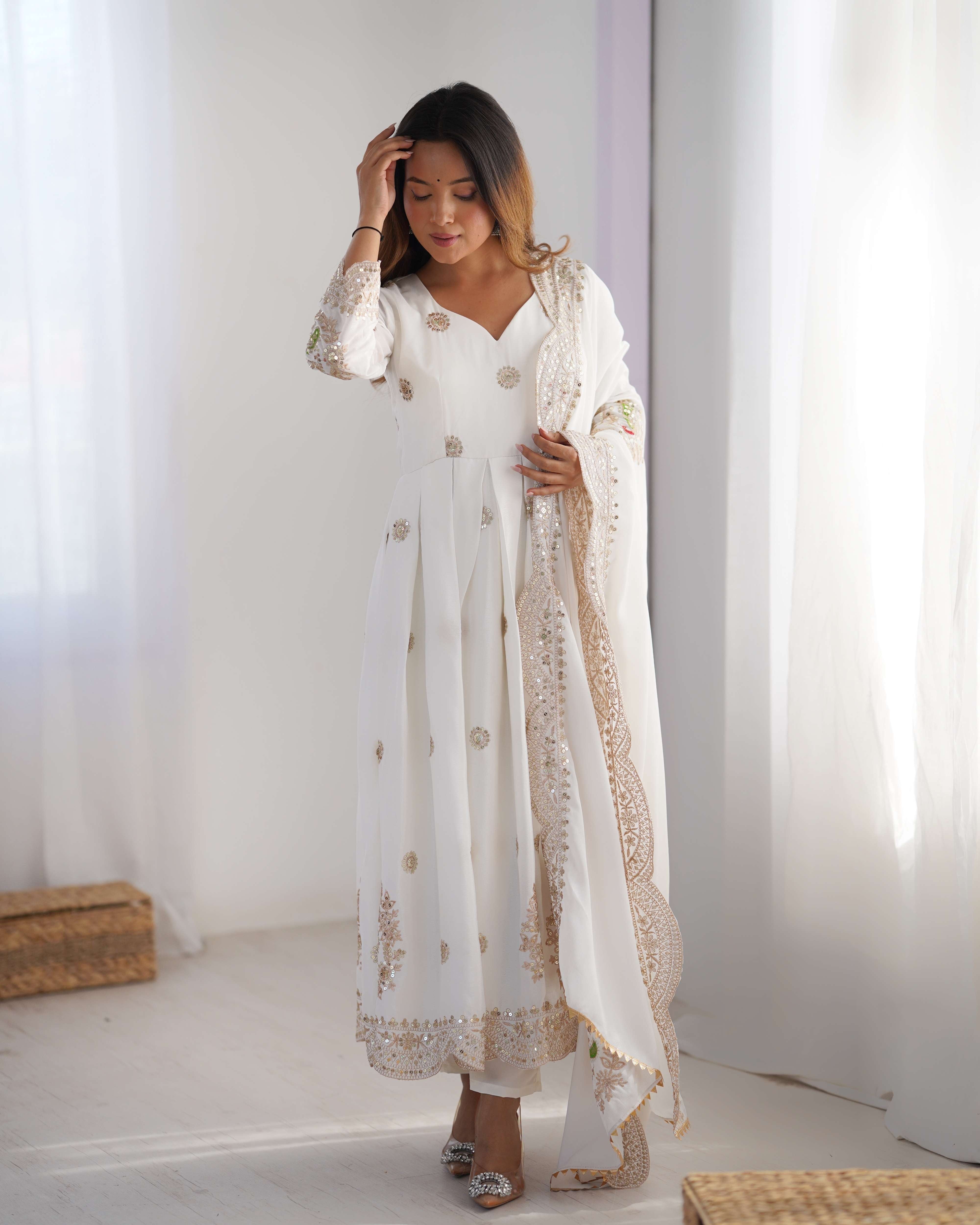 Spectacular White Sequence Designer Chinon Anarkali Suit With Dupatta