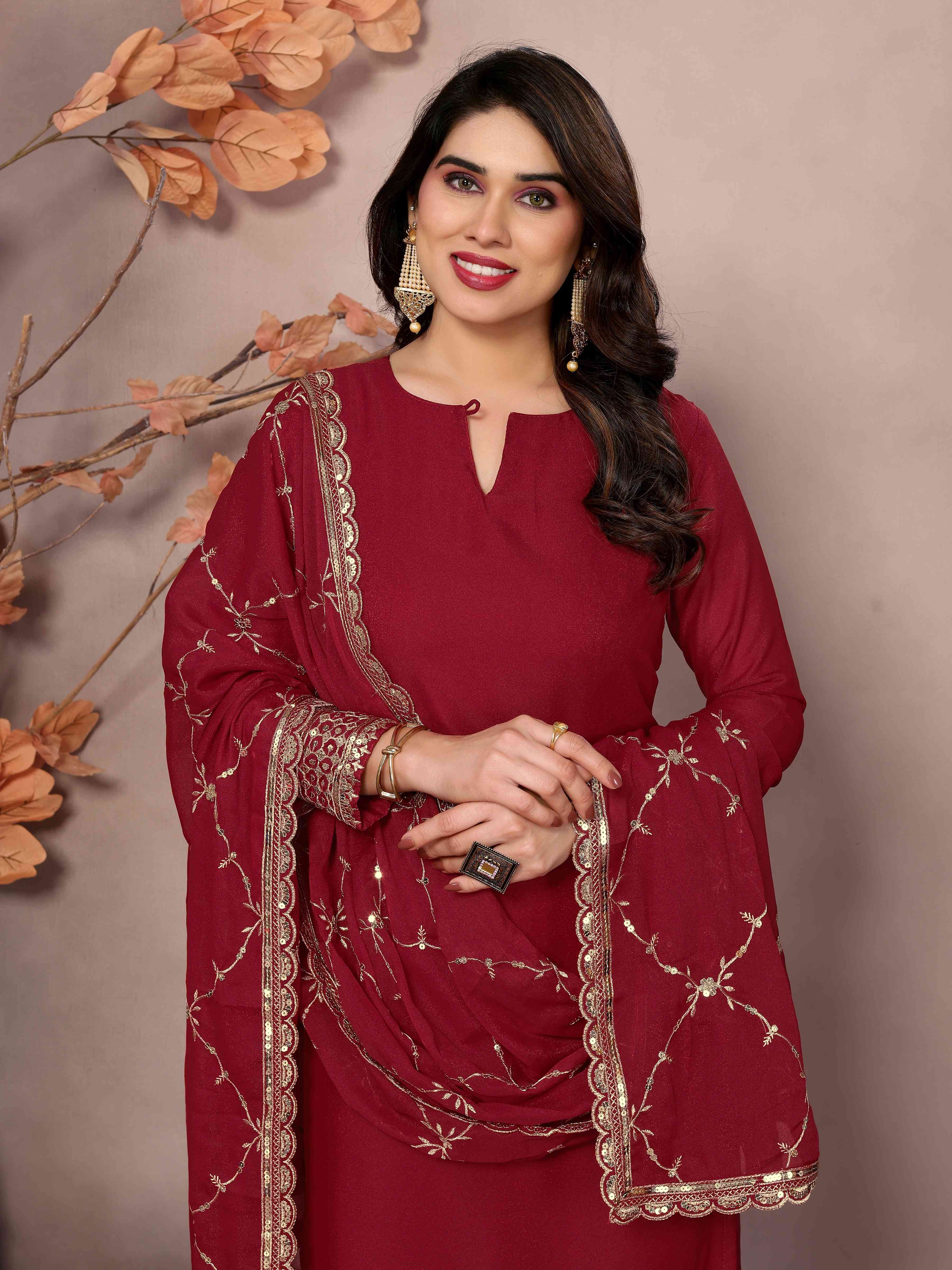 Rich Maroon Georgette Embroidery Seuqnce Designer Wedding Wear Pant Suit With Dupatta