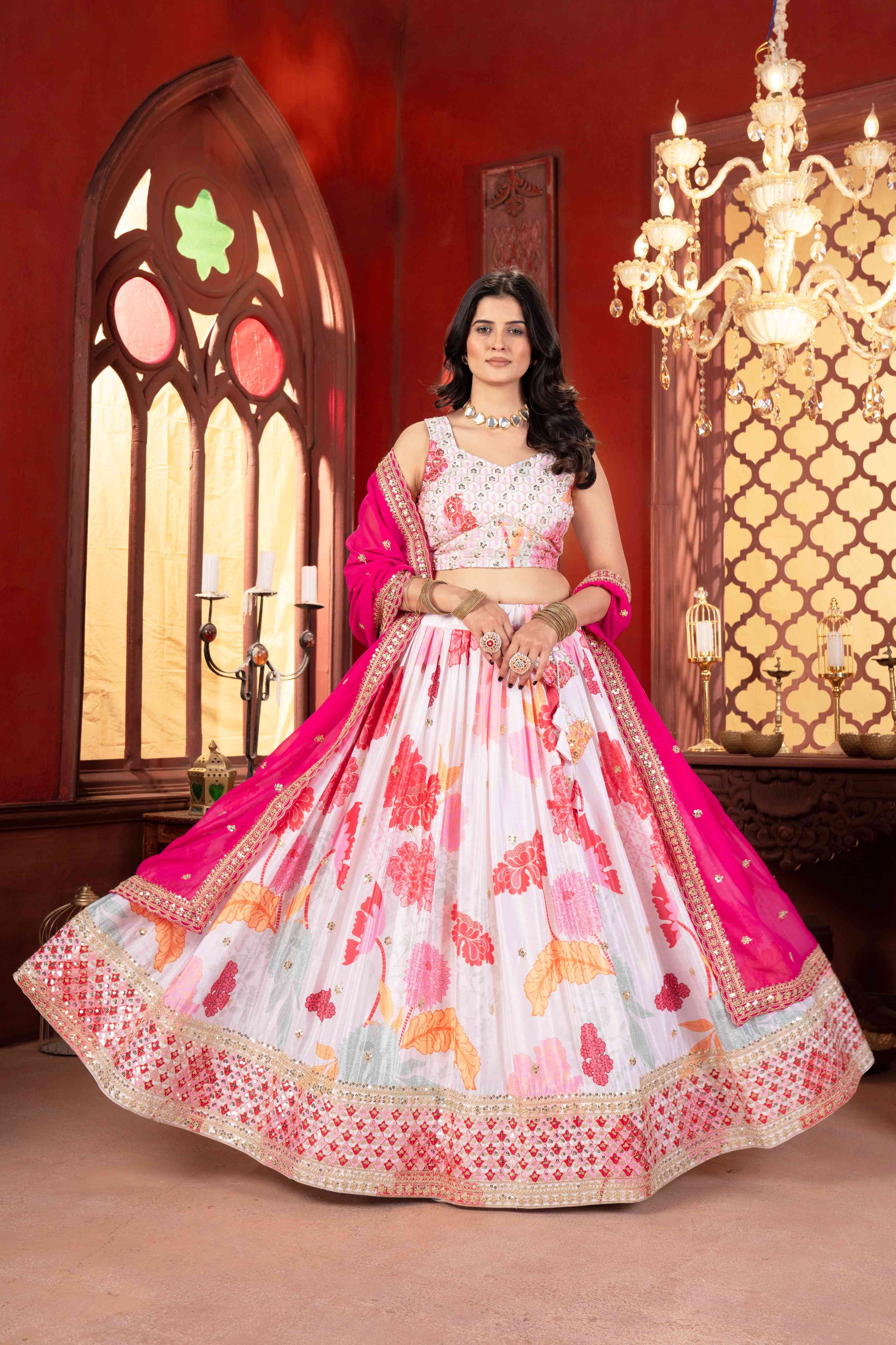 Attractive White Floral Printed Embroidery Sequence Worked Sangit Wear Lehenga Choli & Dupatta