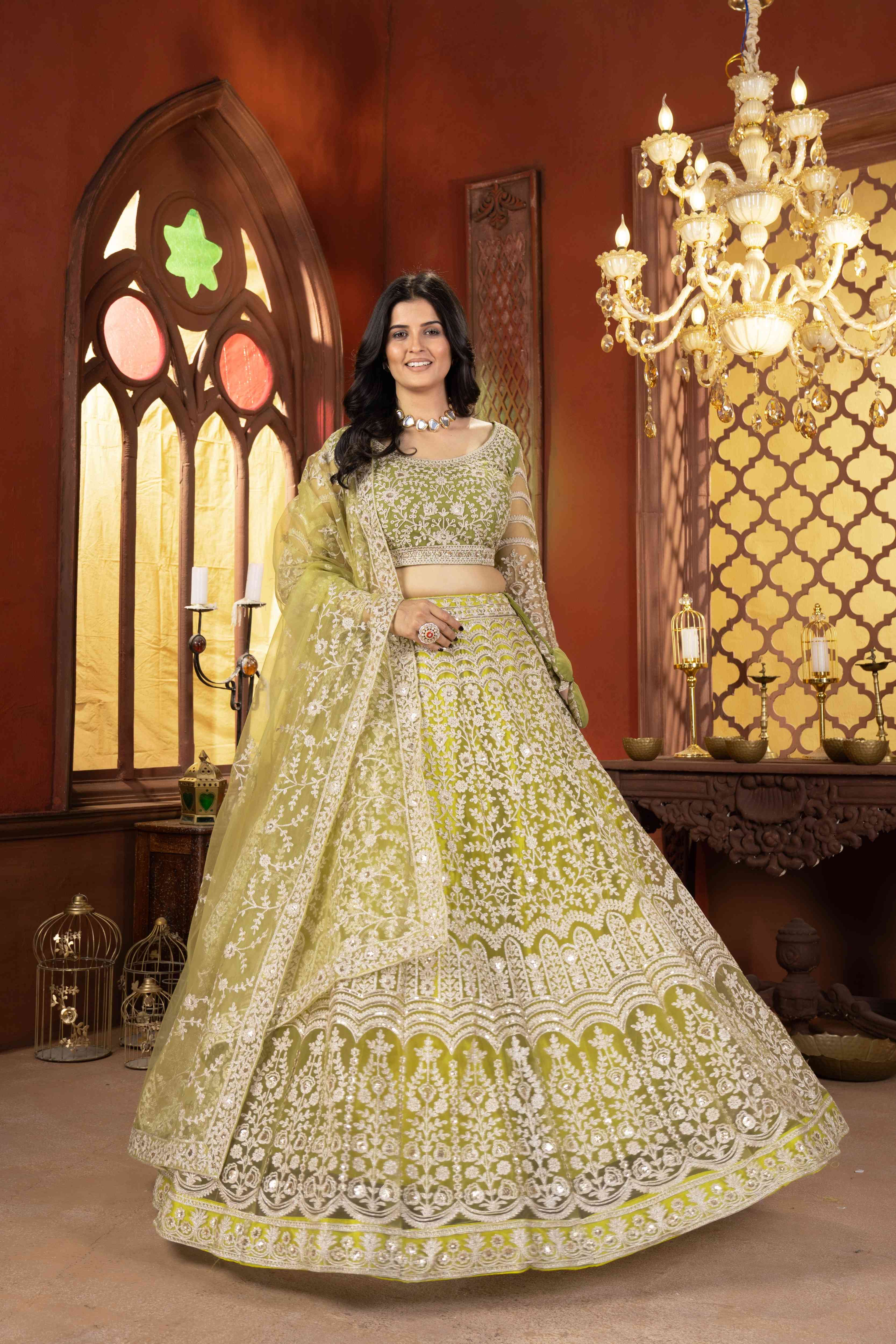 Mesmerizing Olive Green Net Mehndi Wear Embroidered Designer Lehnga Choli With Dupatta