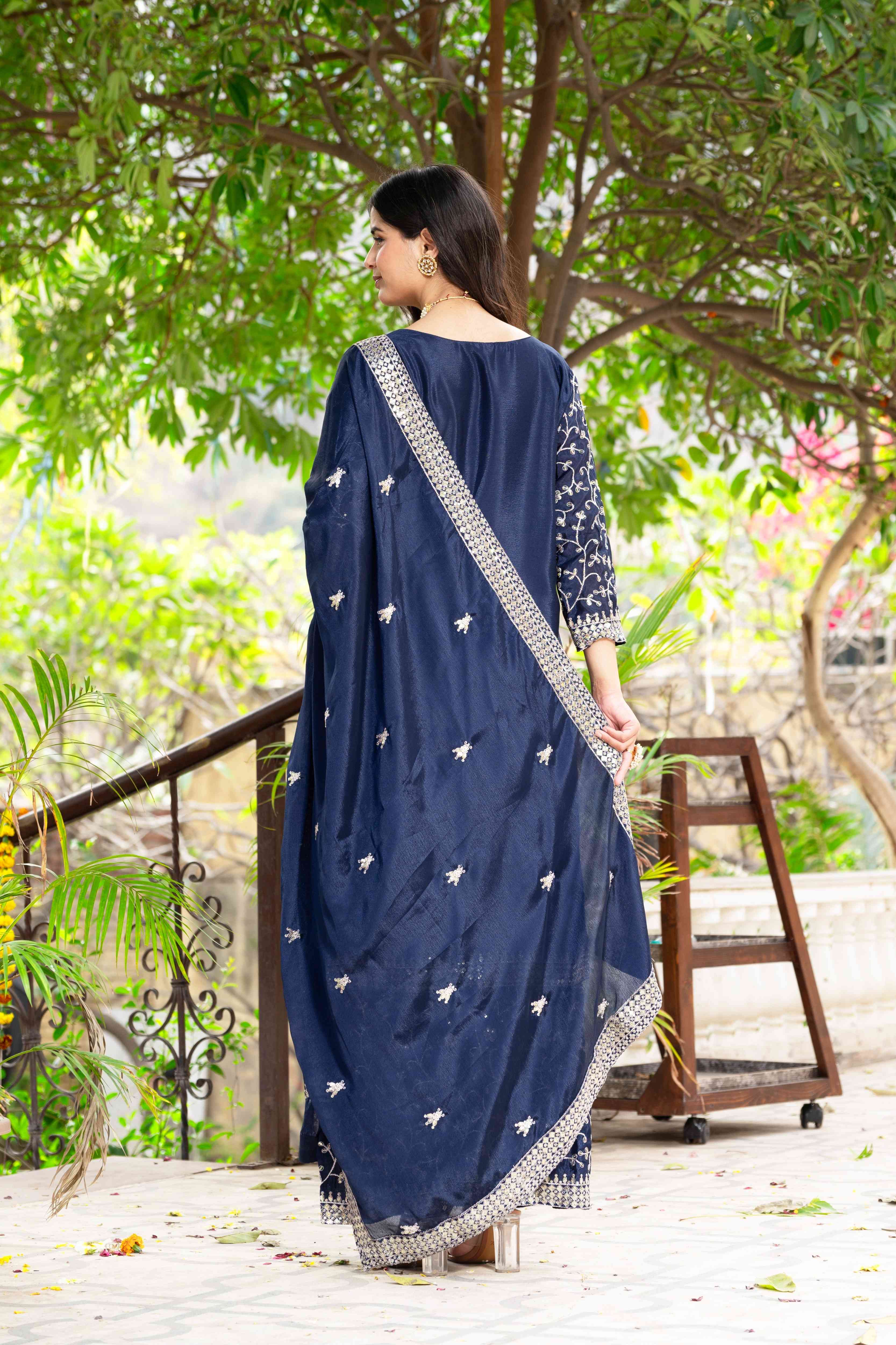 Enchanting Navy Blue Chinon Sequence Embroidery Wedding Wear Sharara Suit With Dupatta