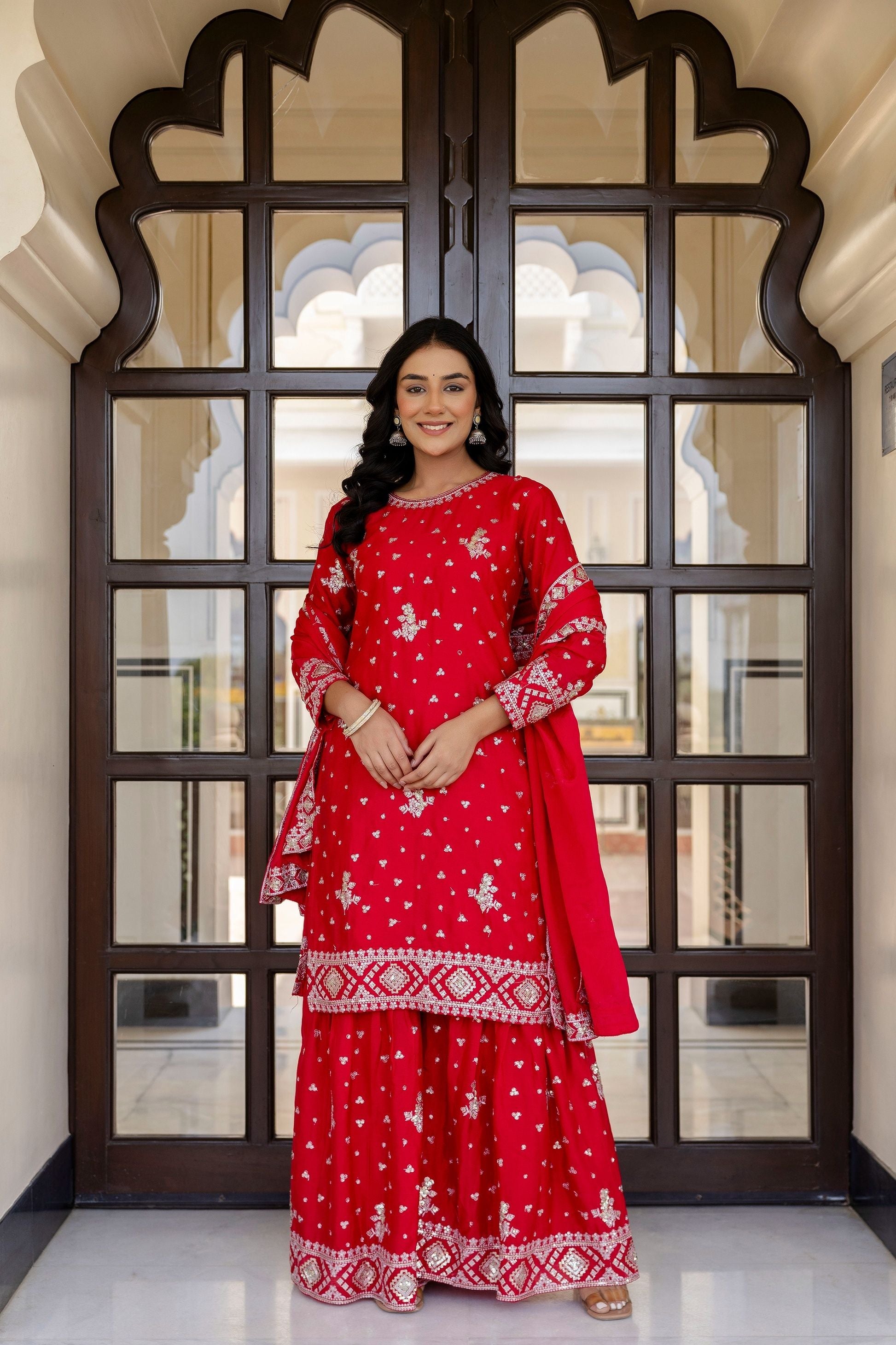 Vibrant Red Chinon Embroidery Sequence Wedding Wear Sharara Suit With Dupatta