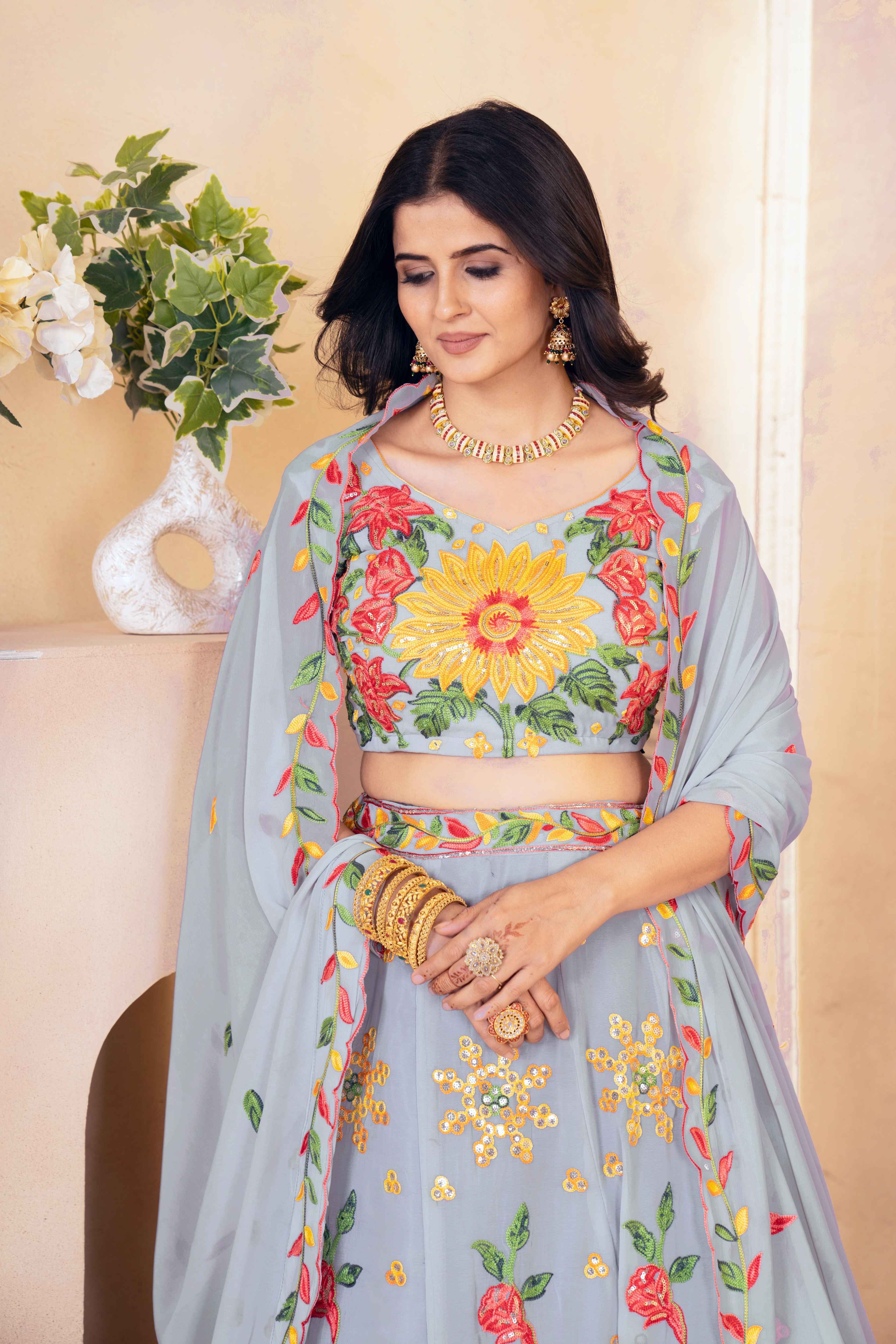 Amazing Grey Floral Embroidered  Event Wear Lehenga Choli With Dupatta