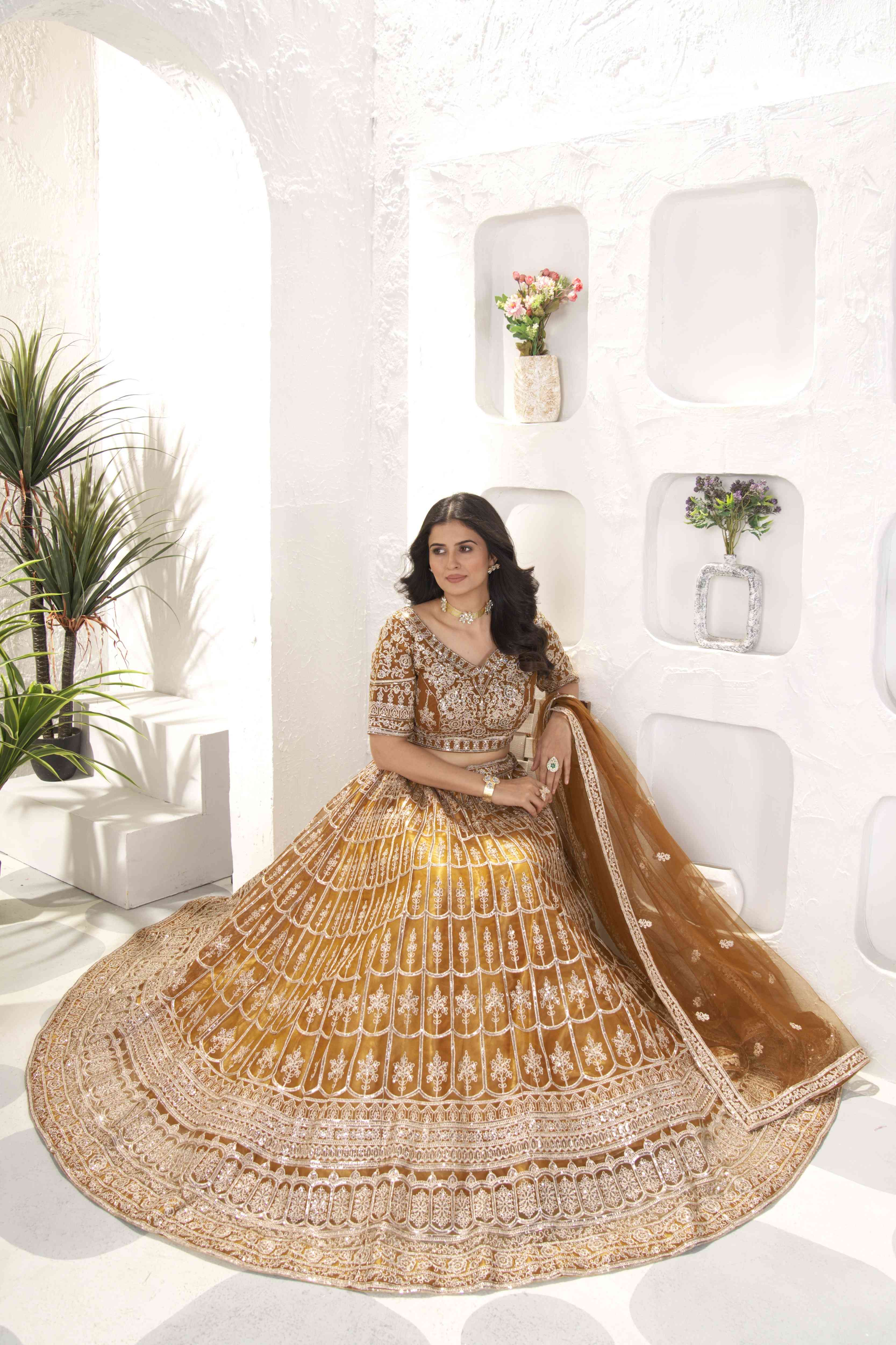 Glamour Golden Embroidery Designer Bridal Wear Sequence Worked Net Lehenga Set