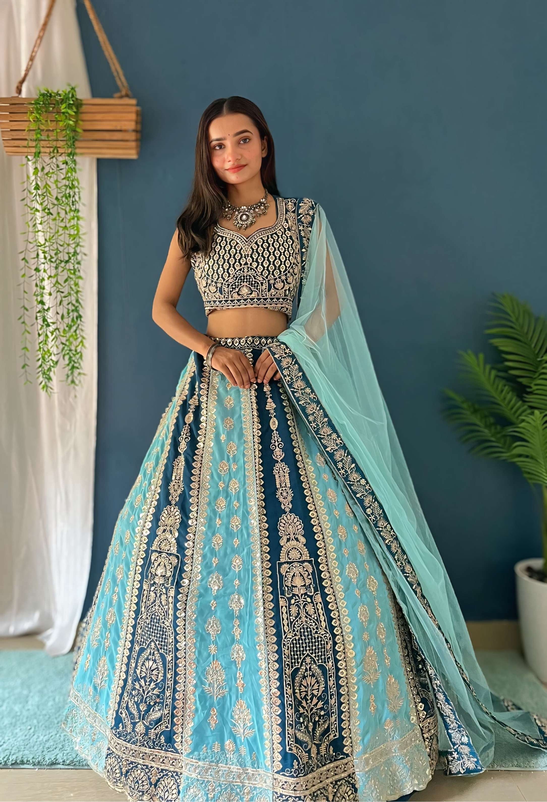Attractive Aqua Zari Work Designer Lehenga Beautiful Patterned choli & Dupatta