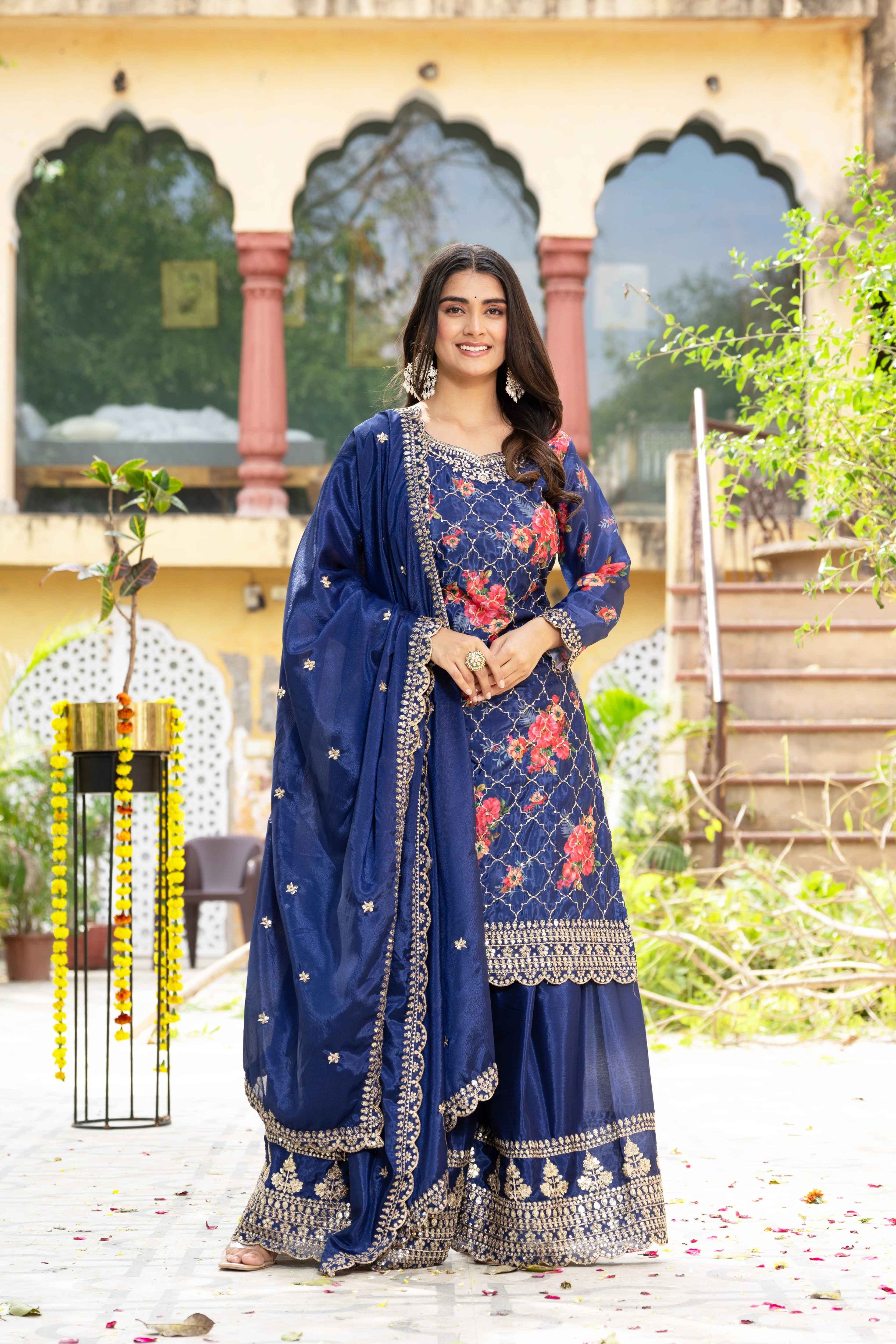 Glamorous Navy Blue Silk Digital Printed Embroidery Designer sharara Suit With Dupatta