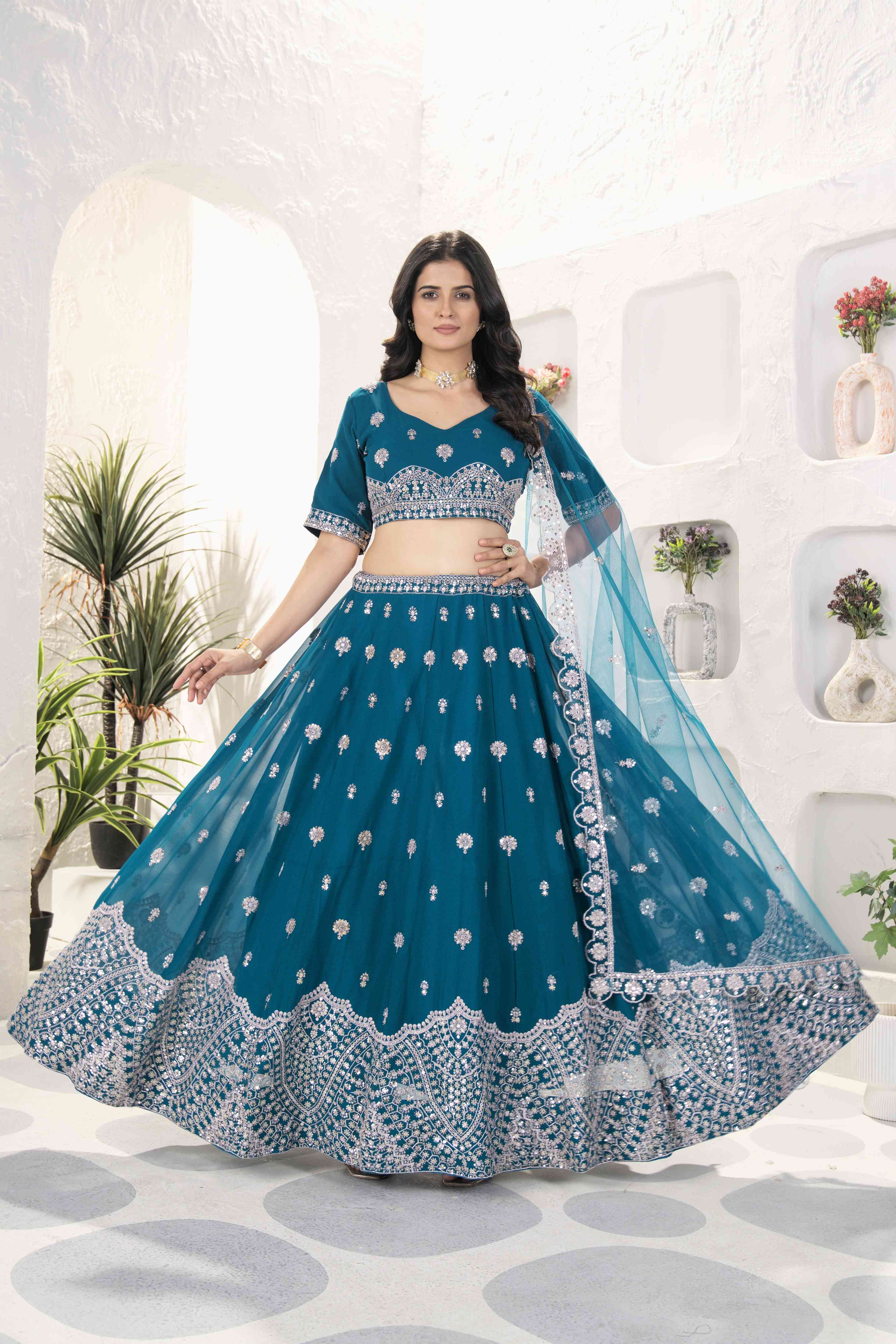 TImeless Teal Blue Embroidery Sequence Party Wear Designer Lehenga Choli & Dupatta