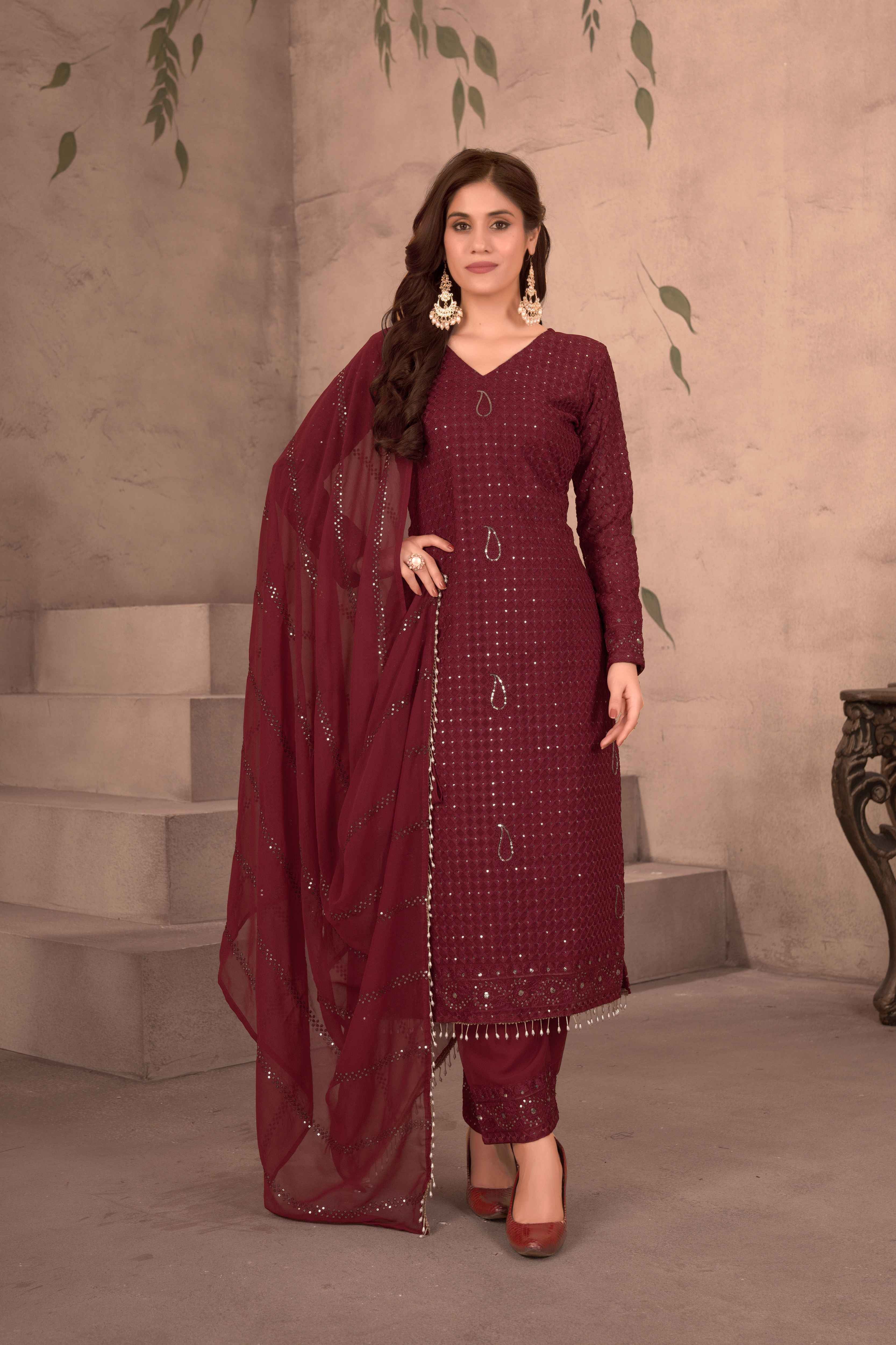 Elegant Maroon Georgette Embroidery Sequence Festive Wear Suit Pant With Dupatta