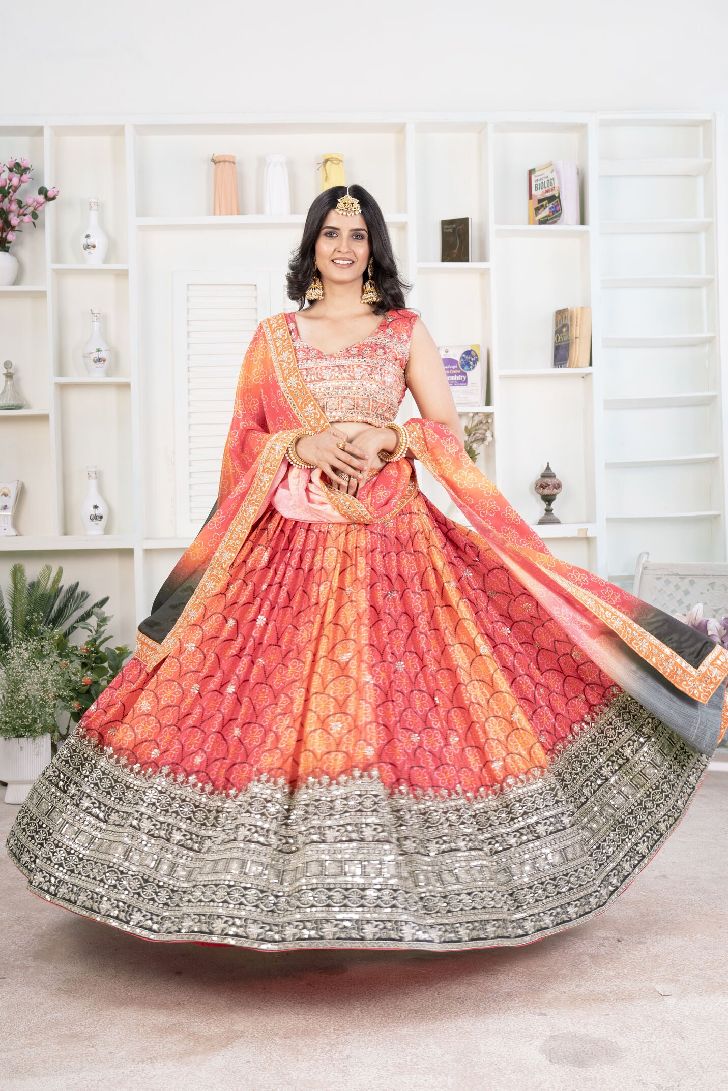 Pretty Radiant Orange Digital Print Sequence Bandhni Designer Lehenga Choli With Dupatta
