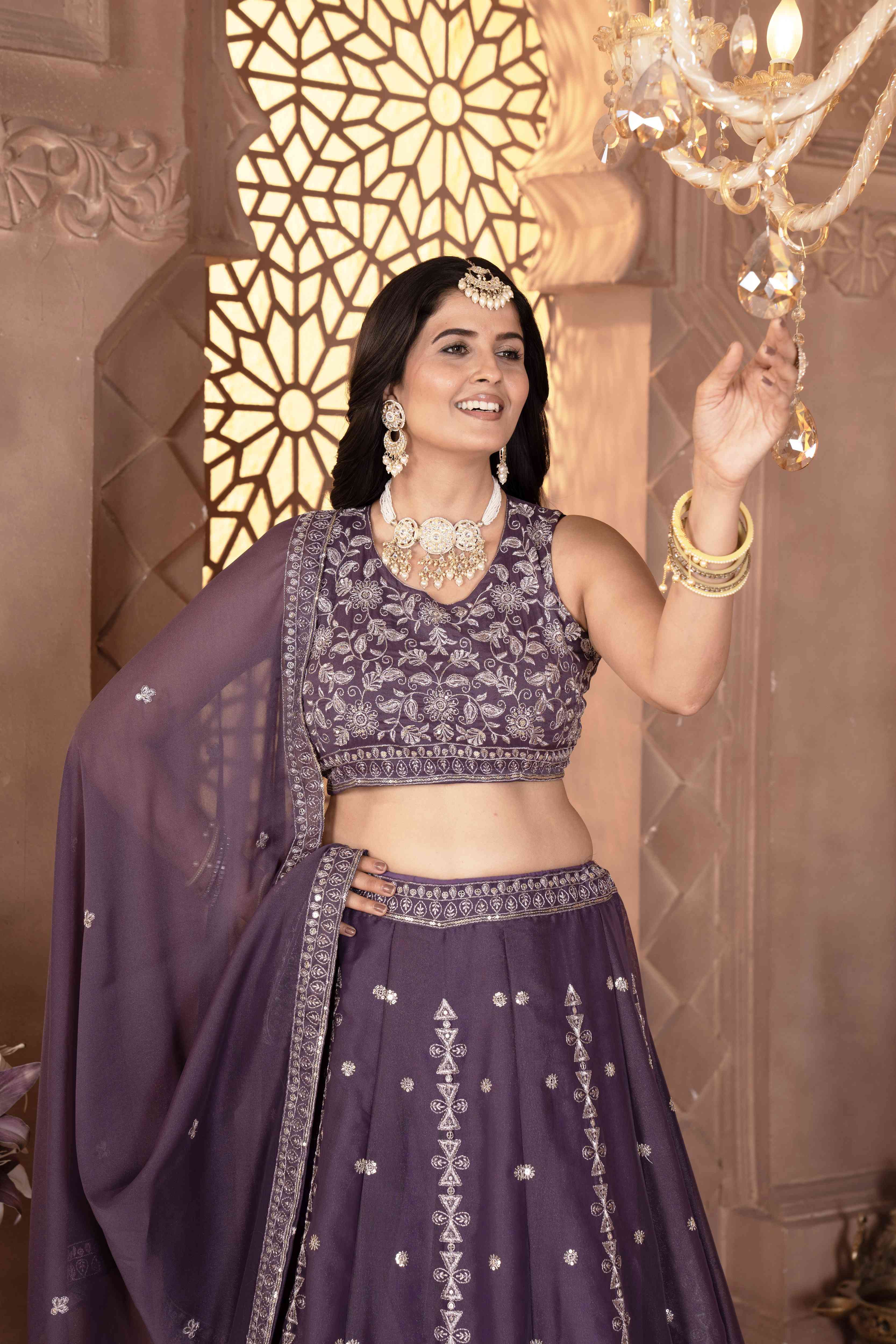 Elegant onion Embroidered Georgette Lehenga Choli with Dupatta