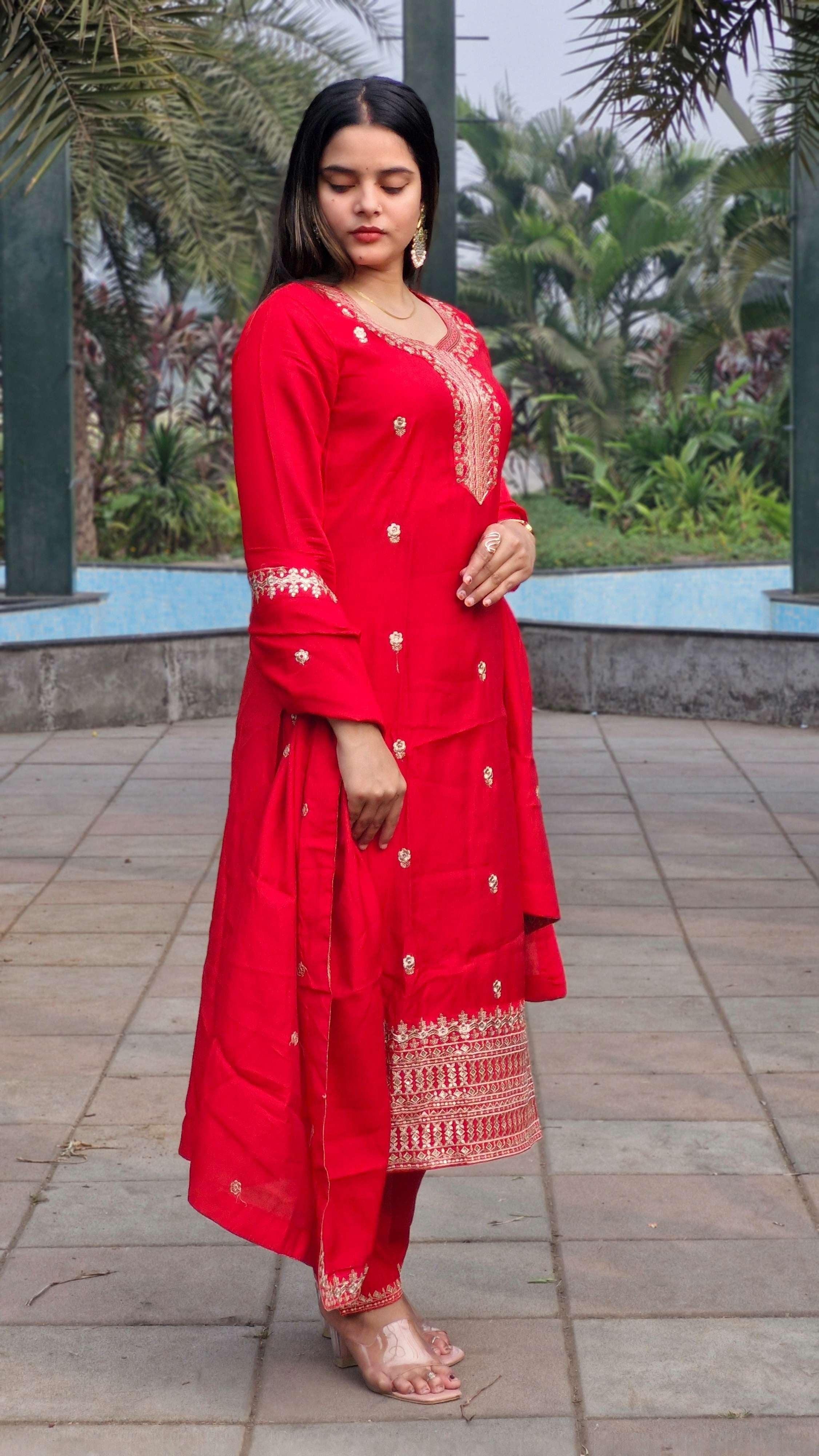 Vibrant Red Roman Silk Embroidery Sequence Party Wear Salwar Suit With Dupatta