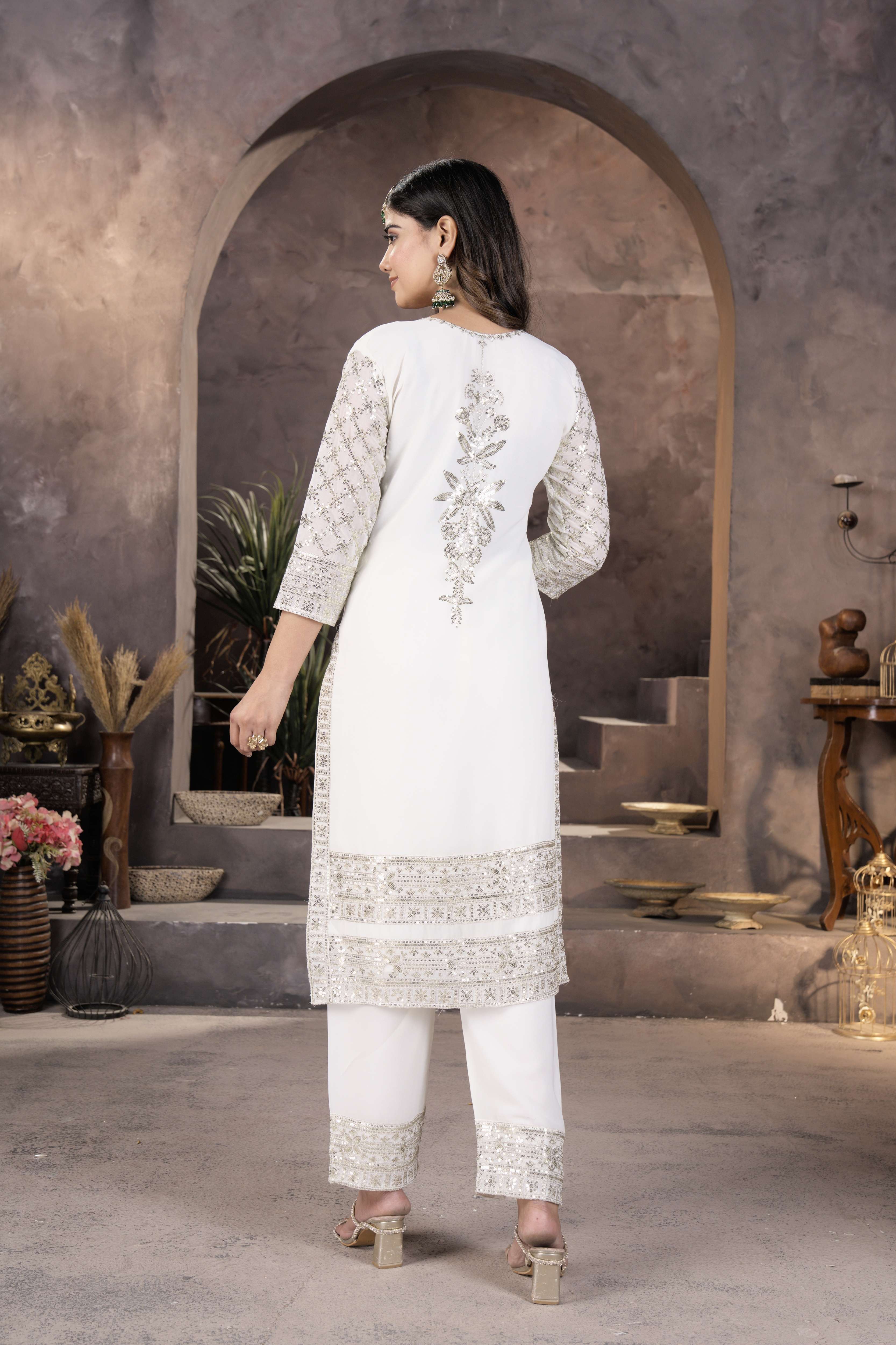 Fablous White Georgette Enbroidery Sequinc Party Wear Pant Suit With Dupatta