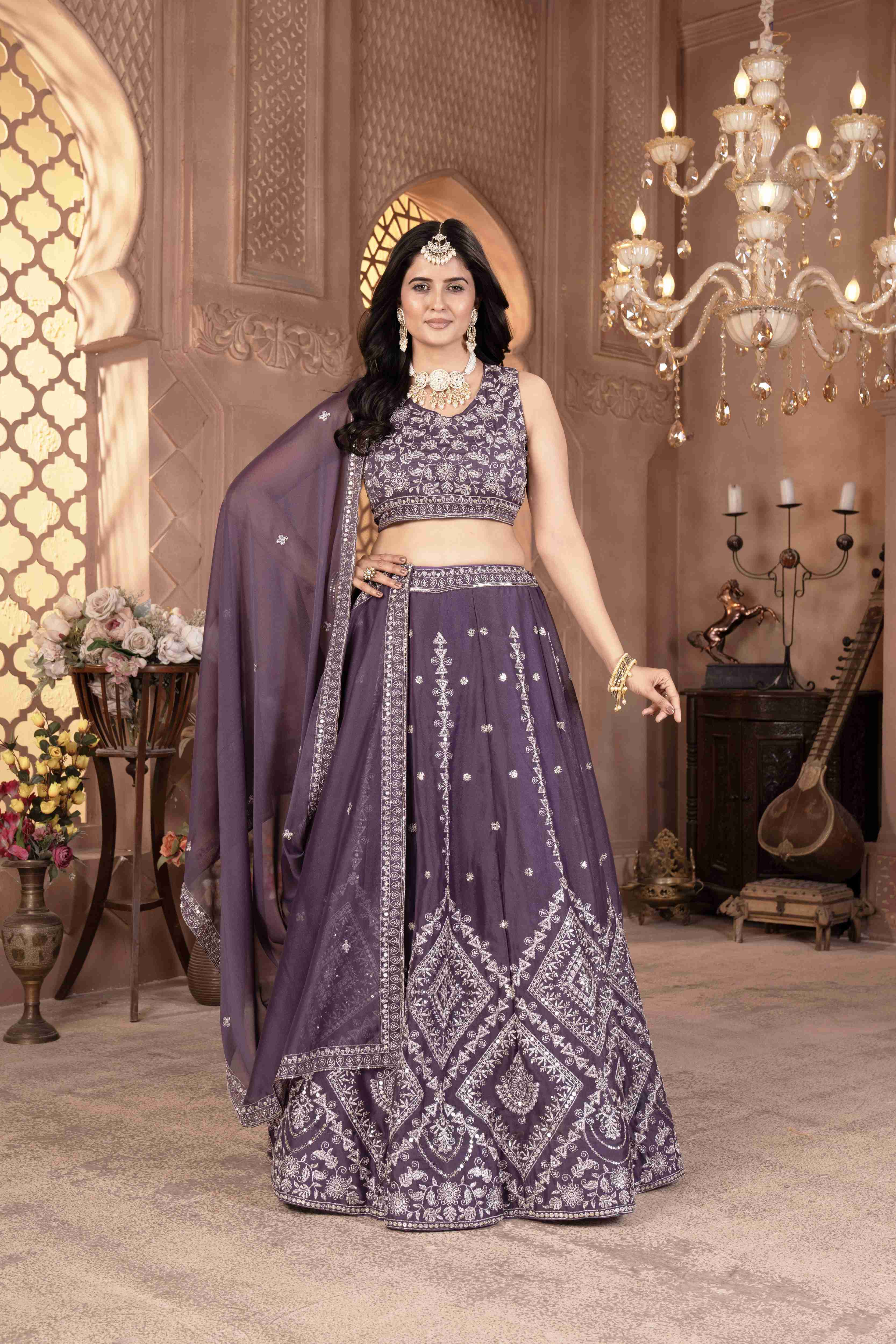 Elegant onion Embroidered Georgette Lehenga Choli with Dupatta