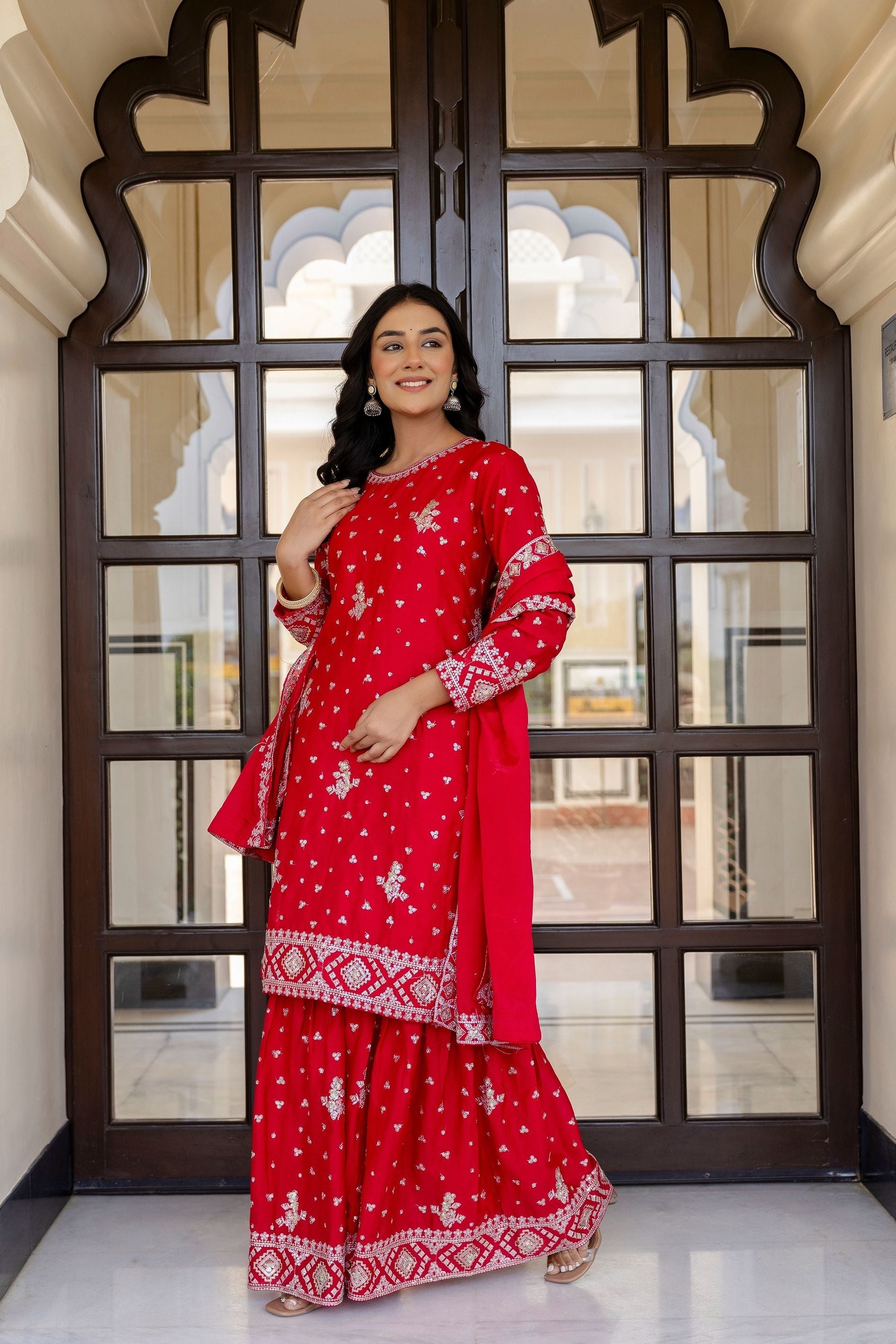 Vibrant Red Chinon Embroidery Sequence Wedding Wear Sharara Suit With Dupatta