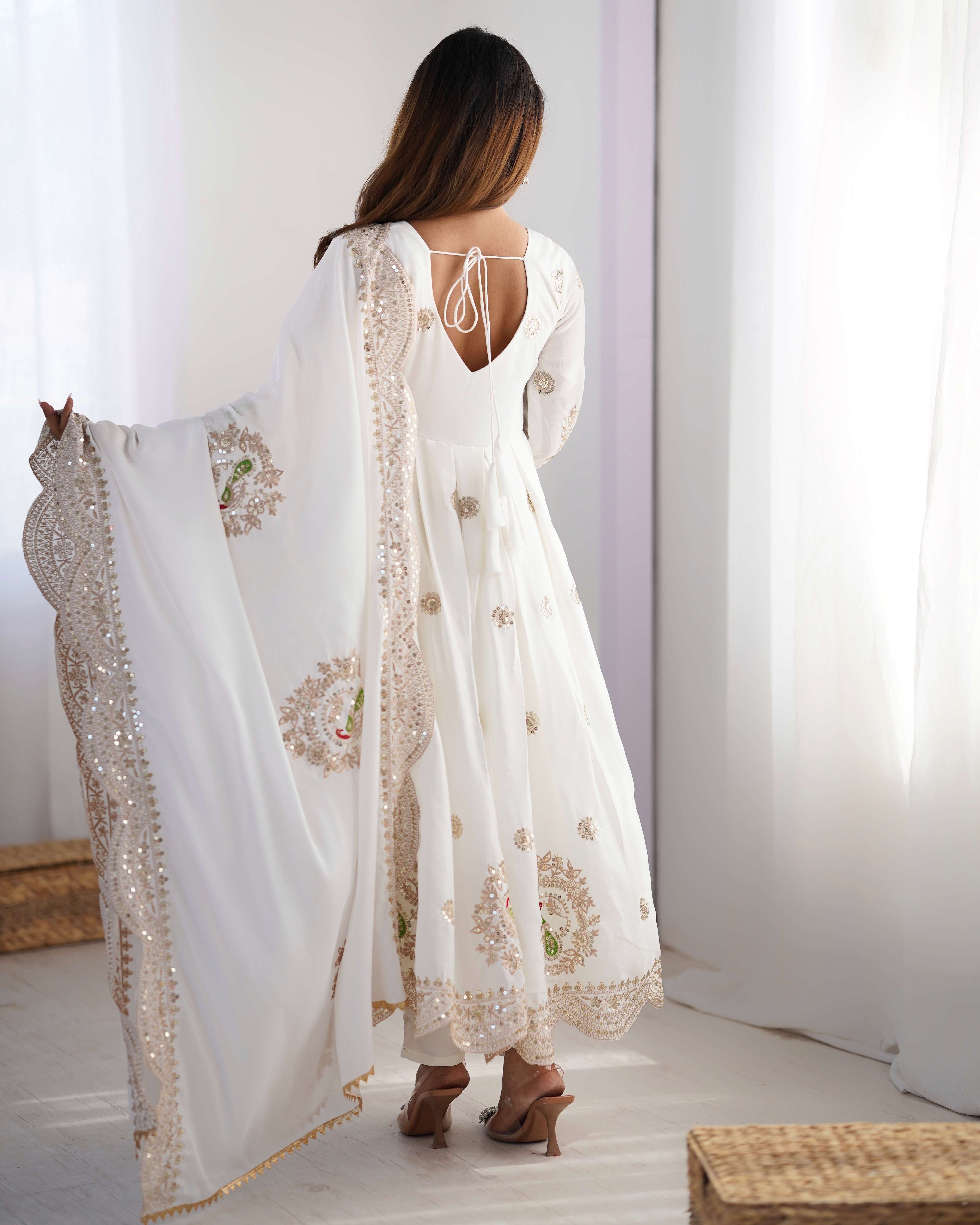 Spectacular White Sequence Designer Chinon Anarkali Suit With Dupatta