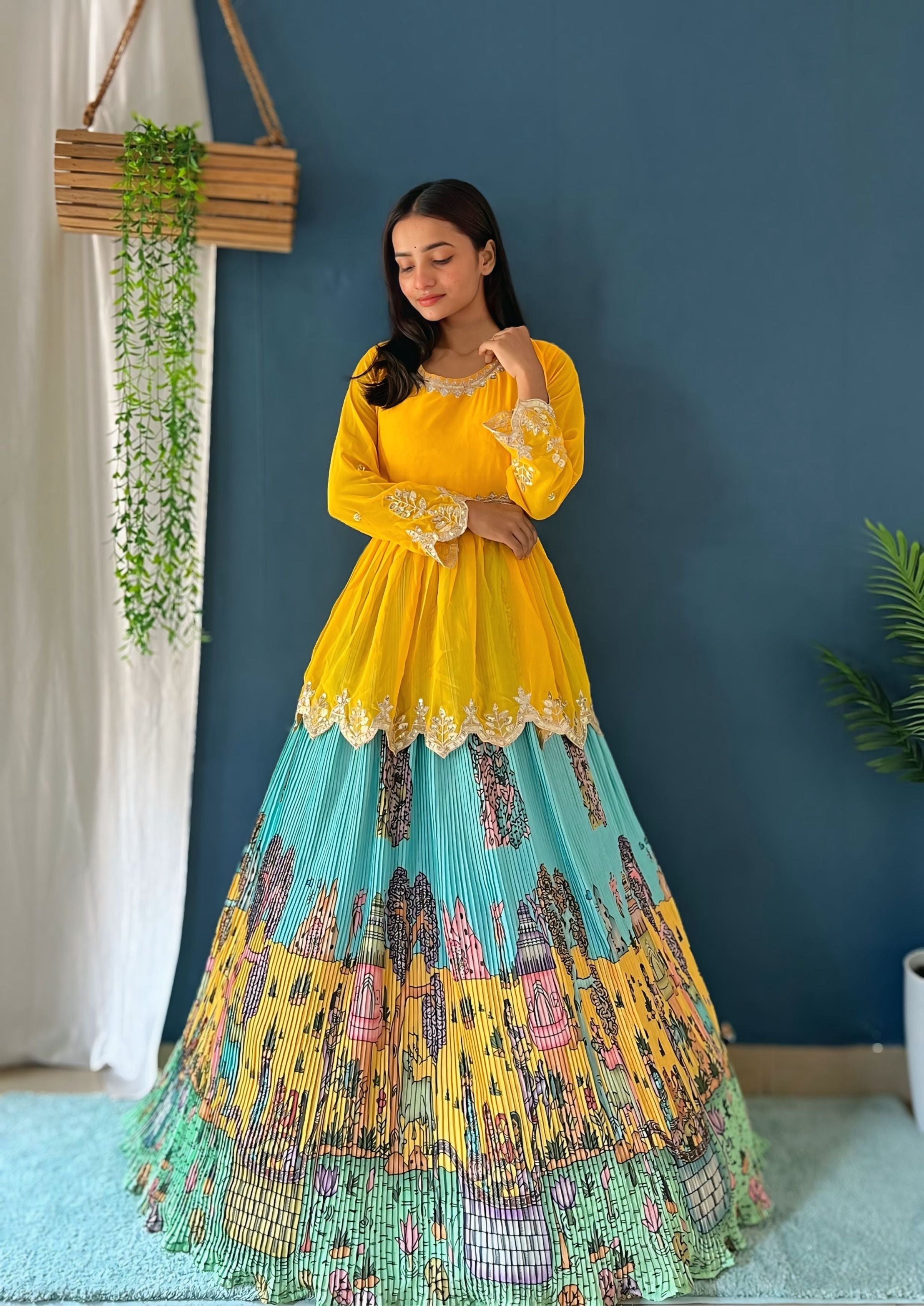 Attractive Aqua Multicolor  Digital Printed Crease Pattern Lehenga Set