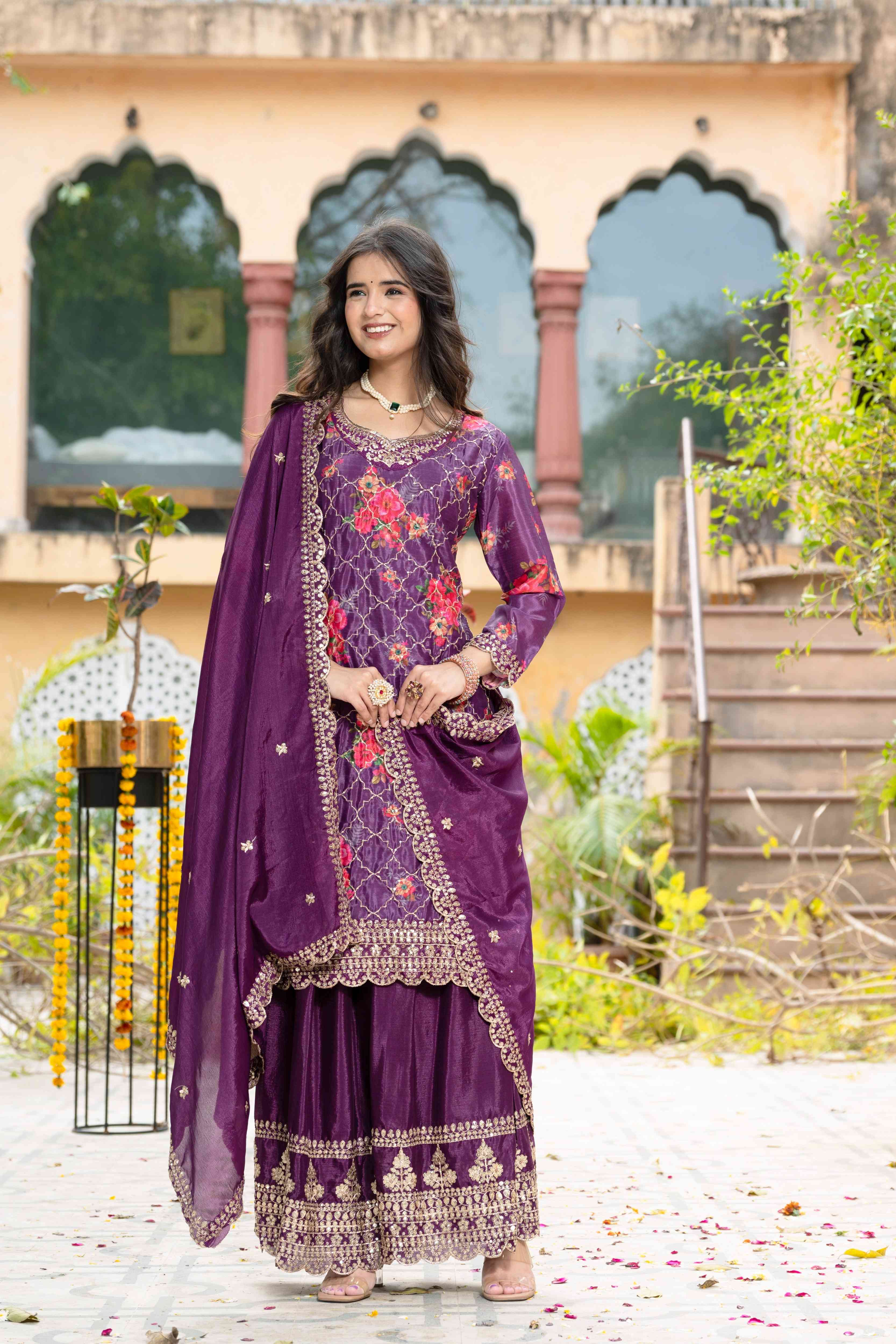 Gorgeous Wine Silk Digital Printed Embroidery Designer sharara Suit With Dupatta