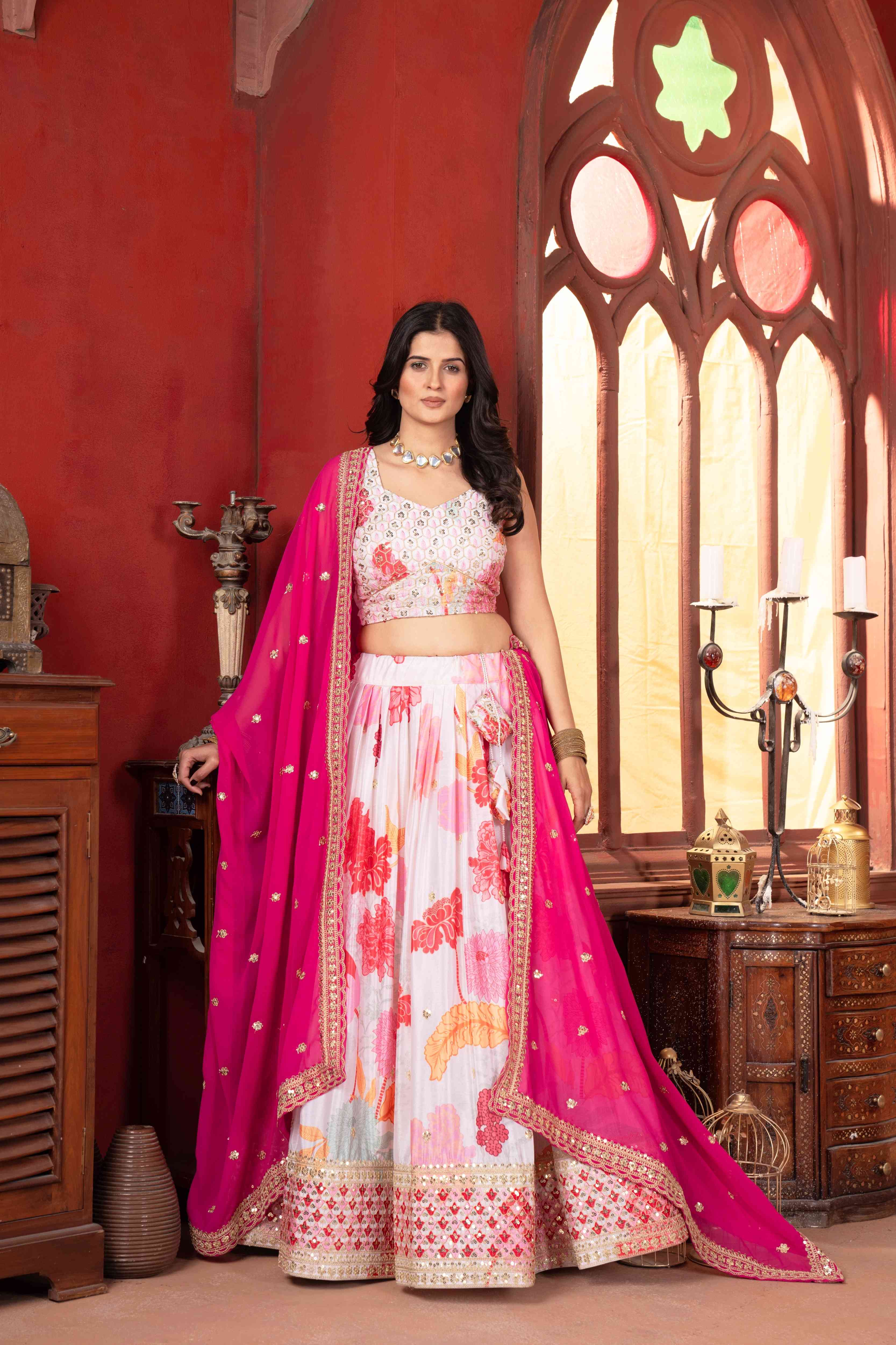 Attractive White Floral Printed Embroidery Sequence Worked Sangit Wear Lehenga Choli & Dupatta