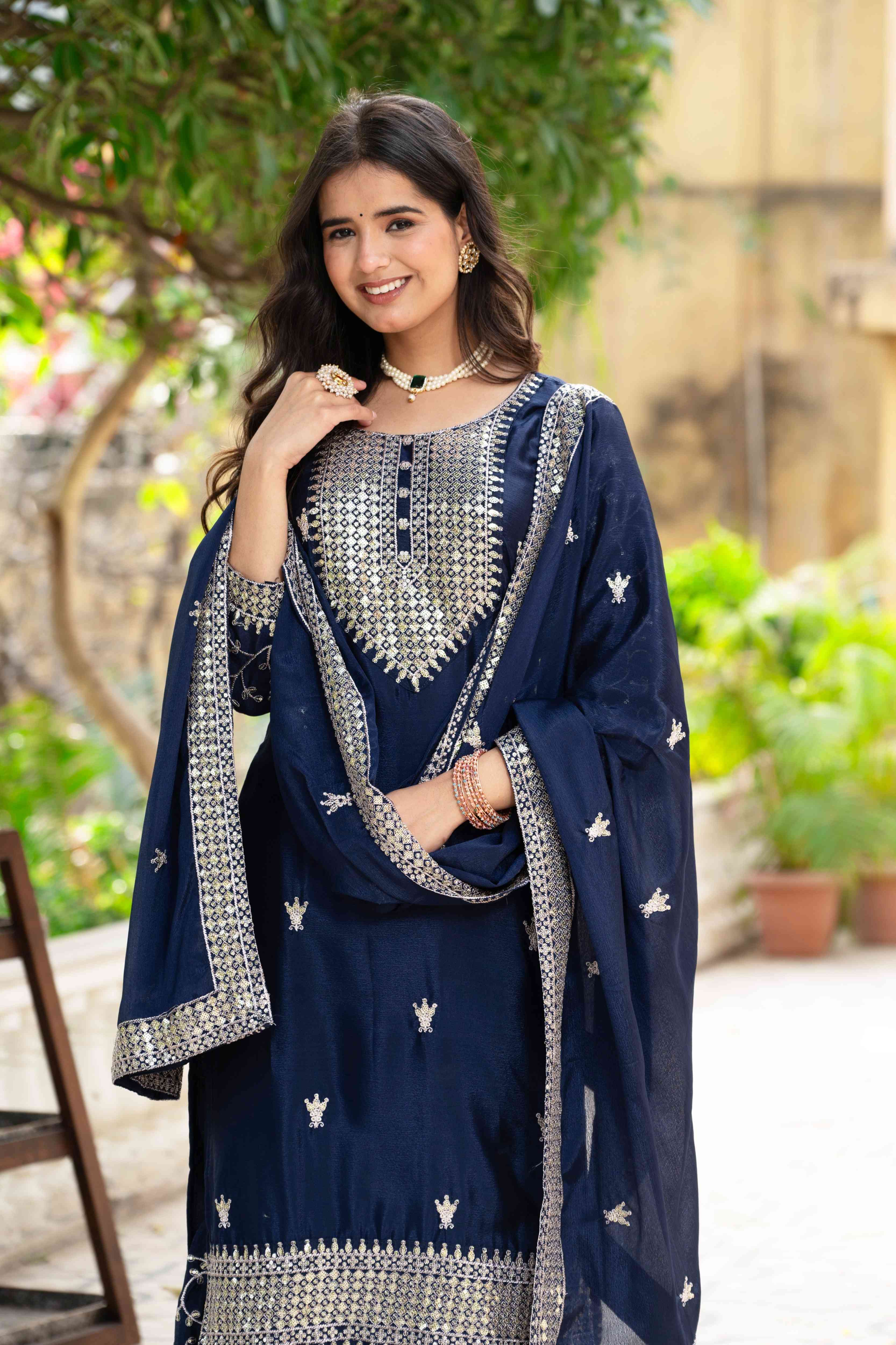 Enchanting Navy Blue Chinon Sequence Embroidery Wedding Wear Sharara Suit With Dupatta