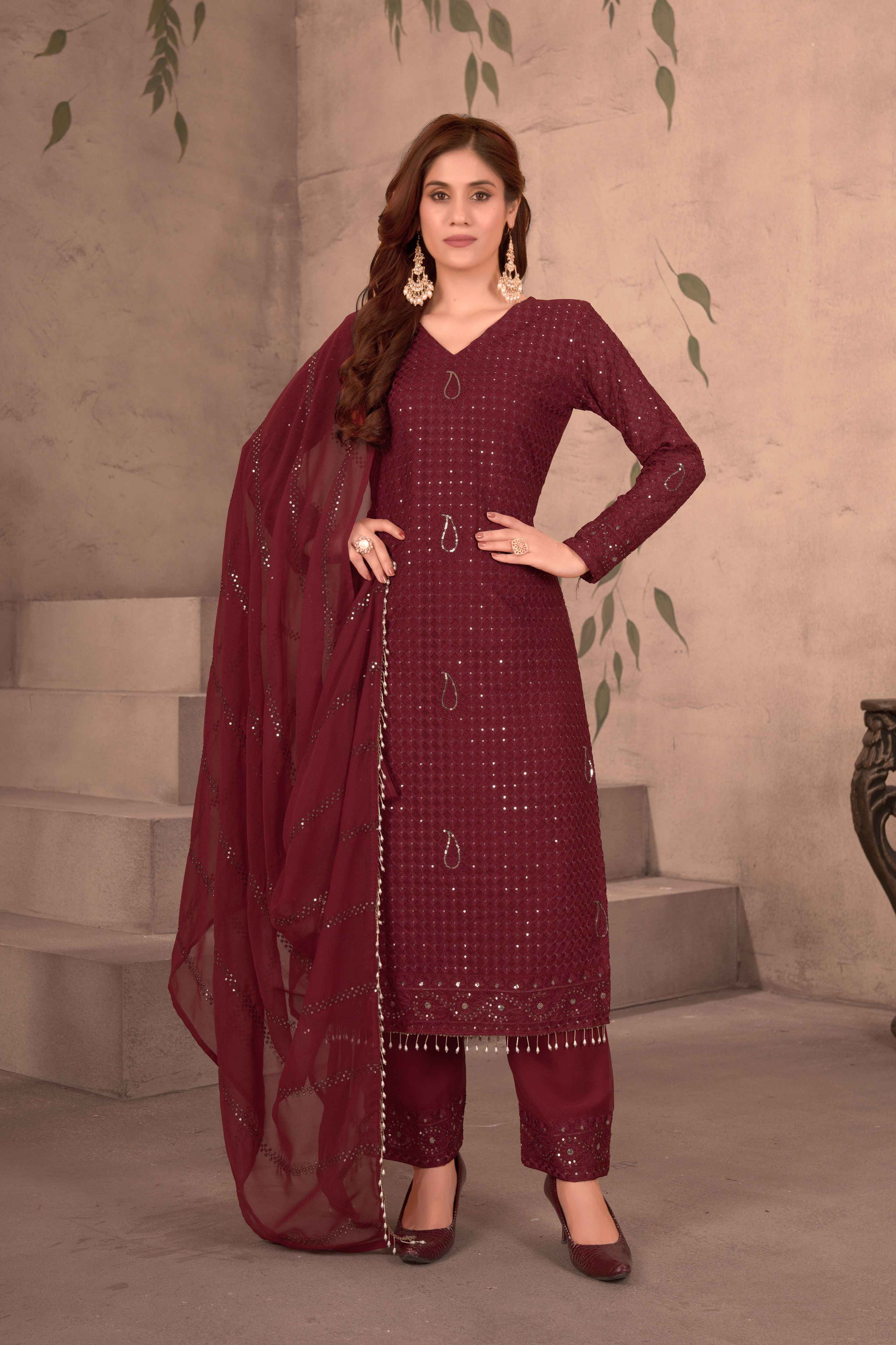 Elegant Maroon Georgette Embroidery Sequence Festive Wear Suit Pant With Dupatta