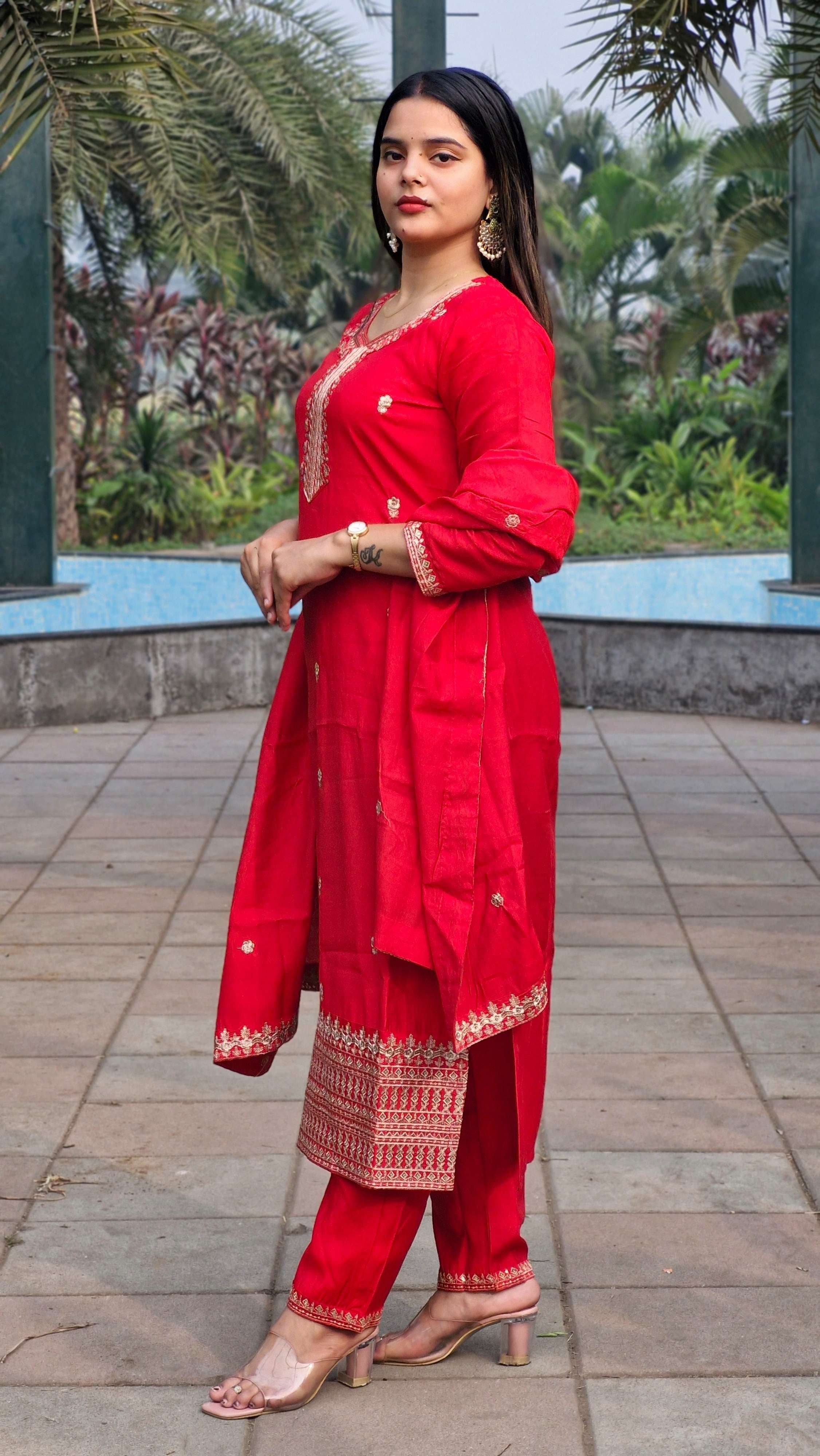 Vibrant Red Roman Silk Embroidery Sequence Party Wear Salwar Suit With Dupatta