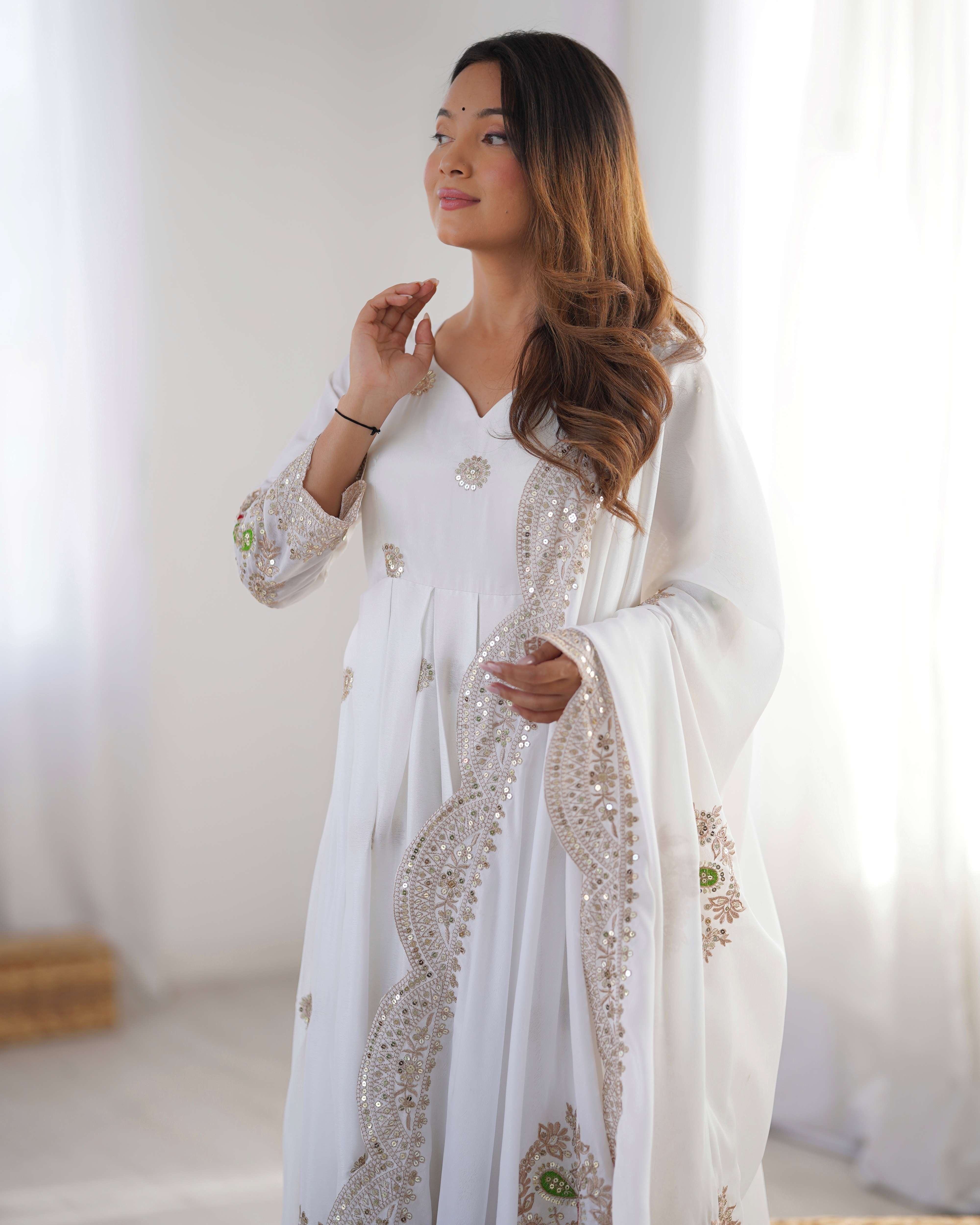 Spectacular White Sequence Designer Chinon Anarkali Suit With Dupatta