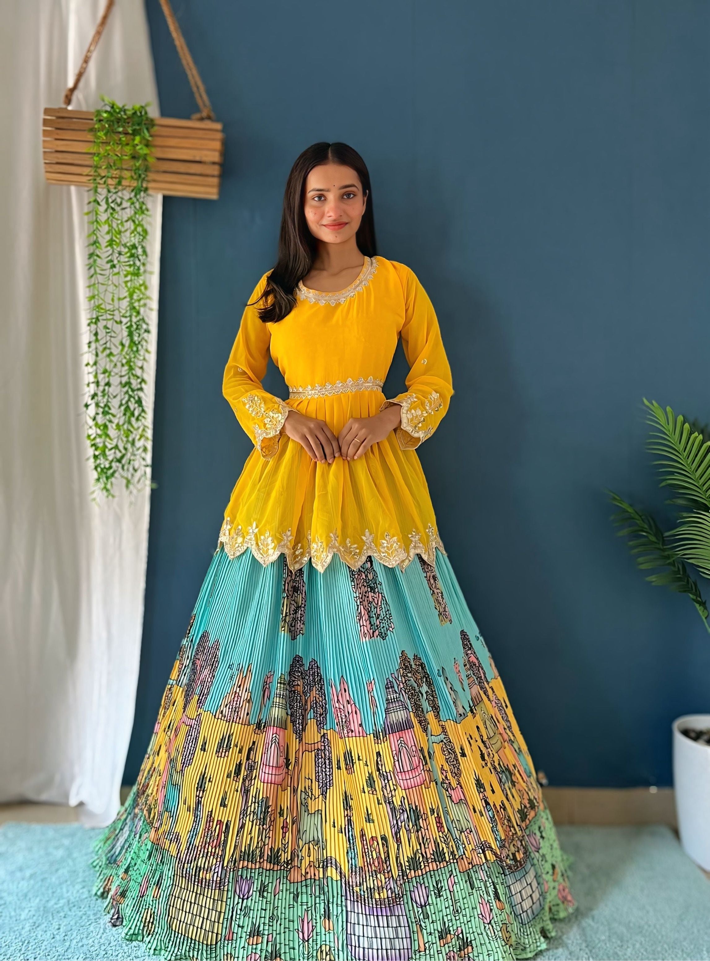 Attractive Aqua Multicolor  Digital Printed Crease Pattern Lehenga Set